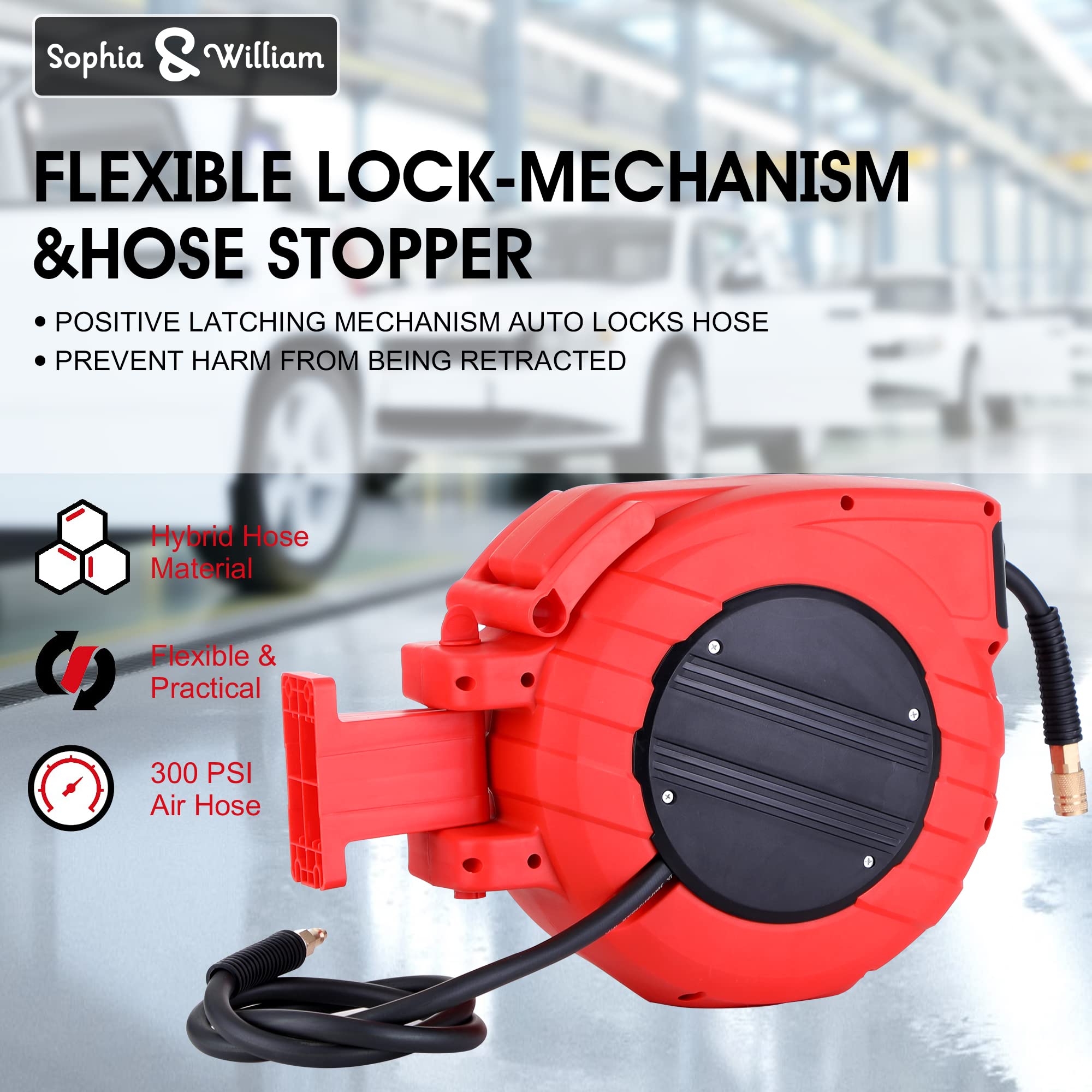 Sophia & William Retractable Wall Mounted Garden Hose Reel - Heavy Duty Expandable Air Hose Storage for Lawn, Patio, and Outdoor Watering (Ideal for Gardening, Car Washing & Yard Cleaning)