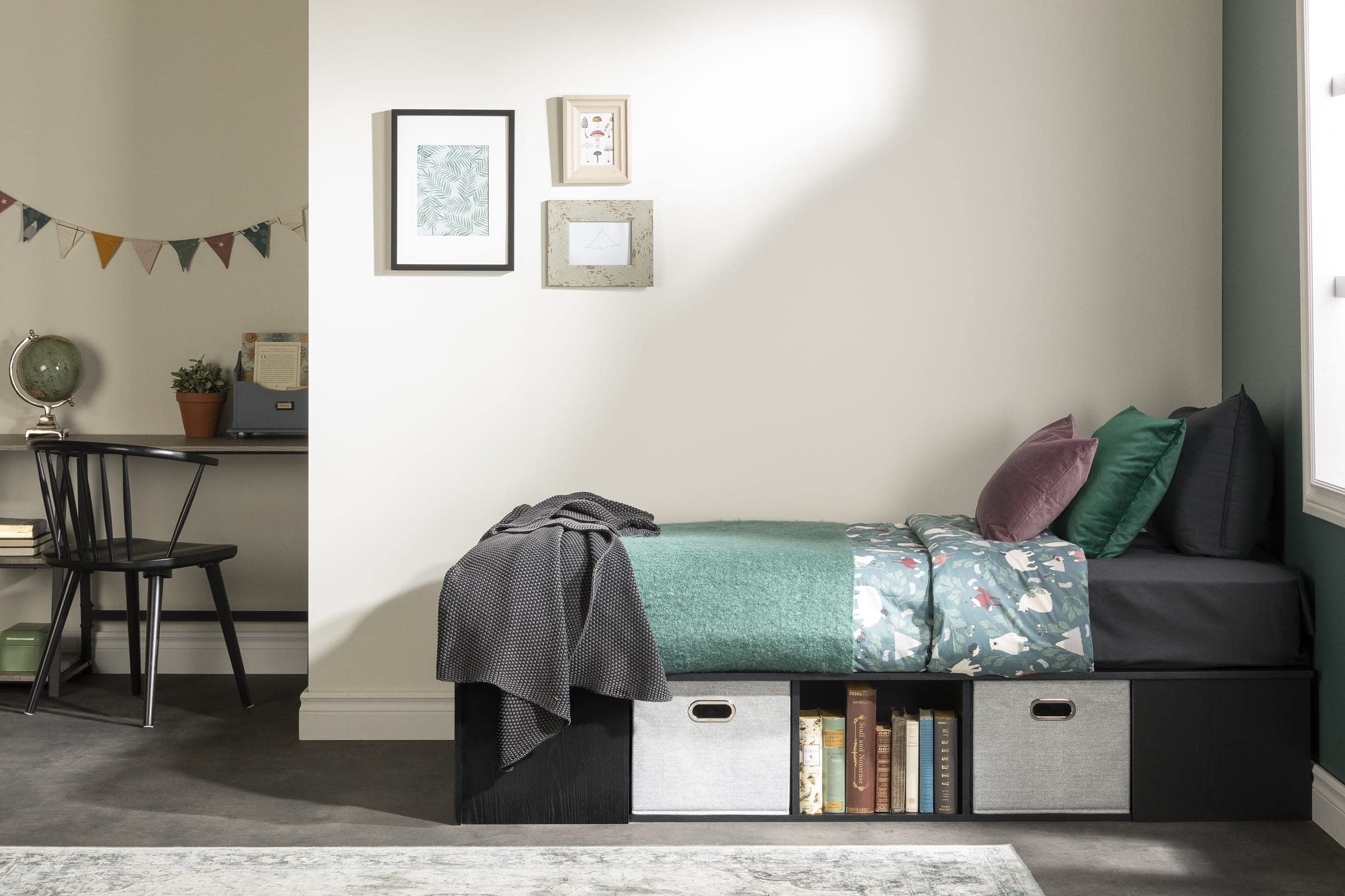 South Shore Flexible Twin Bed Frame with Storage Baskets, Modern Platform Bed in Black Oak & Taupe - Perfect for Small Bedrooms, Kids' Rooms & Guest Rooms