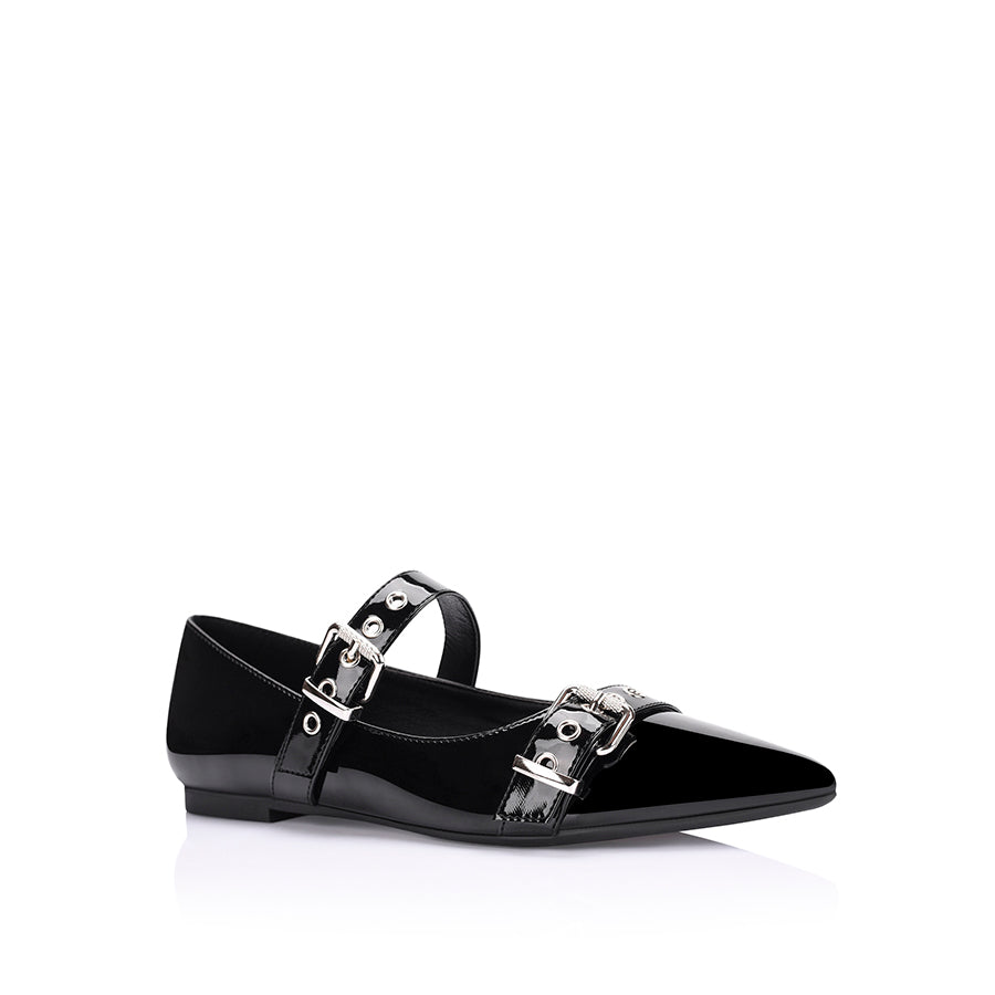 Ianna Buckle Flats - Black Patent Leather Women's Shoes for Work, Office & Casual Wear | Comfortable & Stylish Slip-On Flats