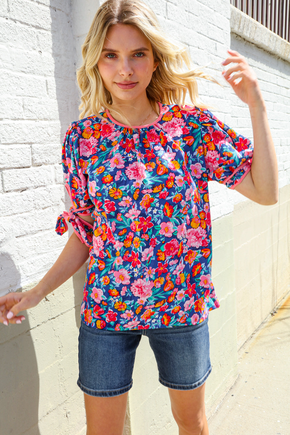 Elegant Navy Floral Print Ribbon Bow Tie Blouse for Women | Office Wear & Special Occasion Outfit