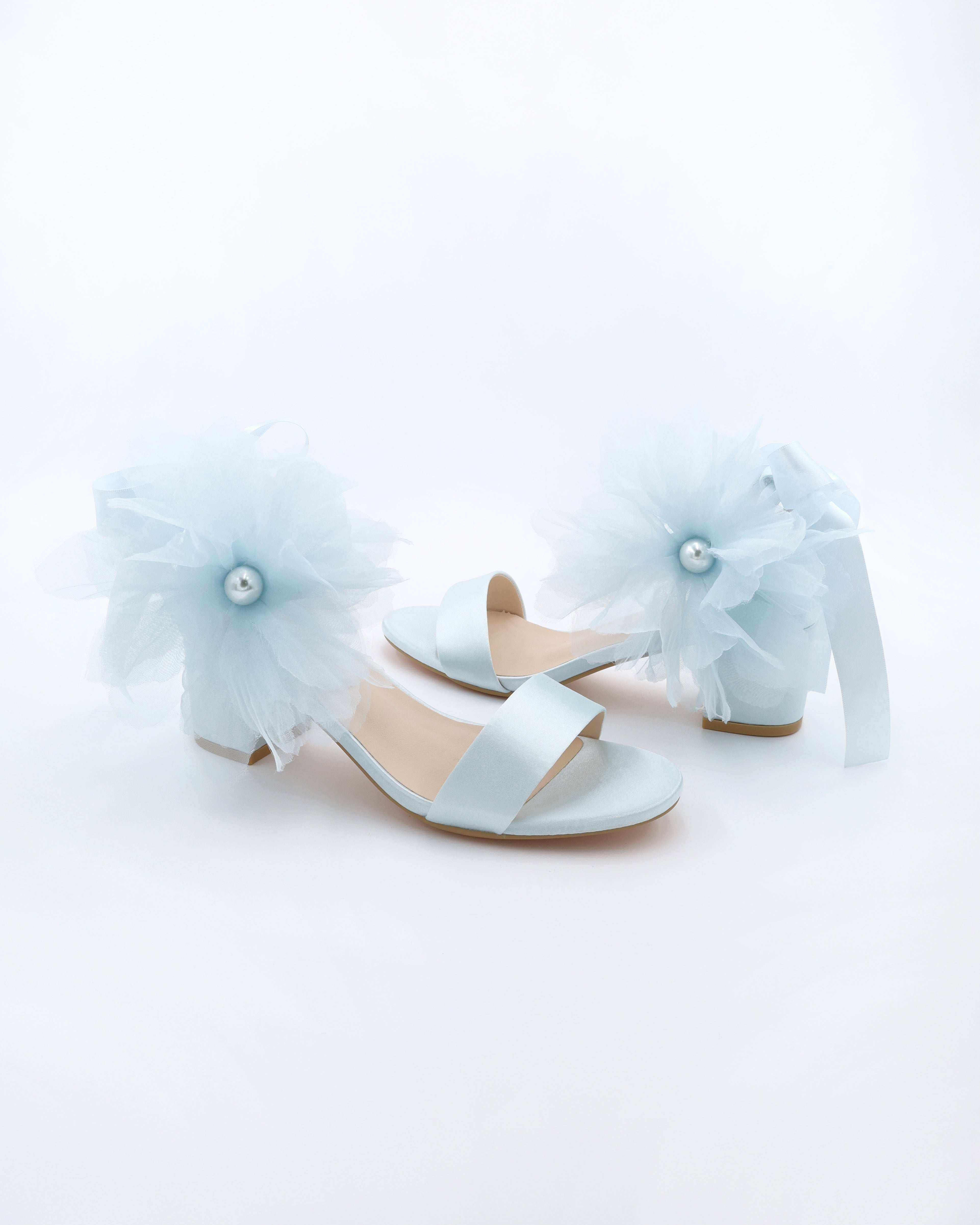 Elegant Satin Block Heel Wedding Sandals with Ophelia Flowers - Perfect for Bridal Parties, Beach Weddings & Formal Occasions