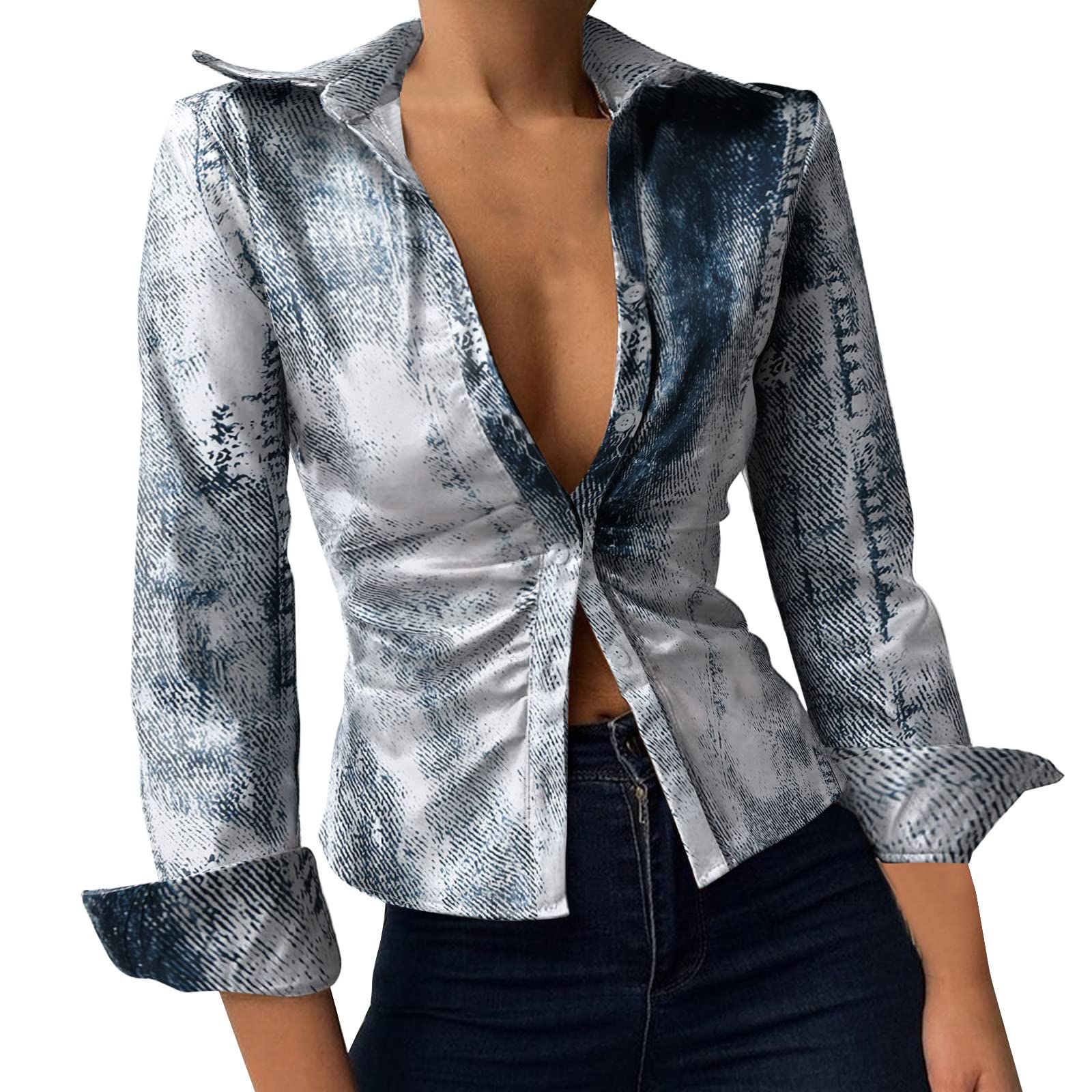 Women's Fashion Long Sleeve Lapel Neck Printed Pocket Shirt - Casual Office Wear & Everyday Stylish Tops for Work and Outings