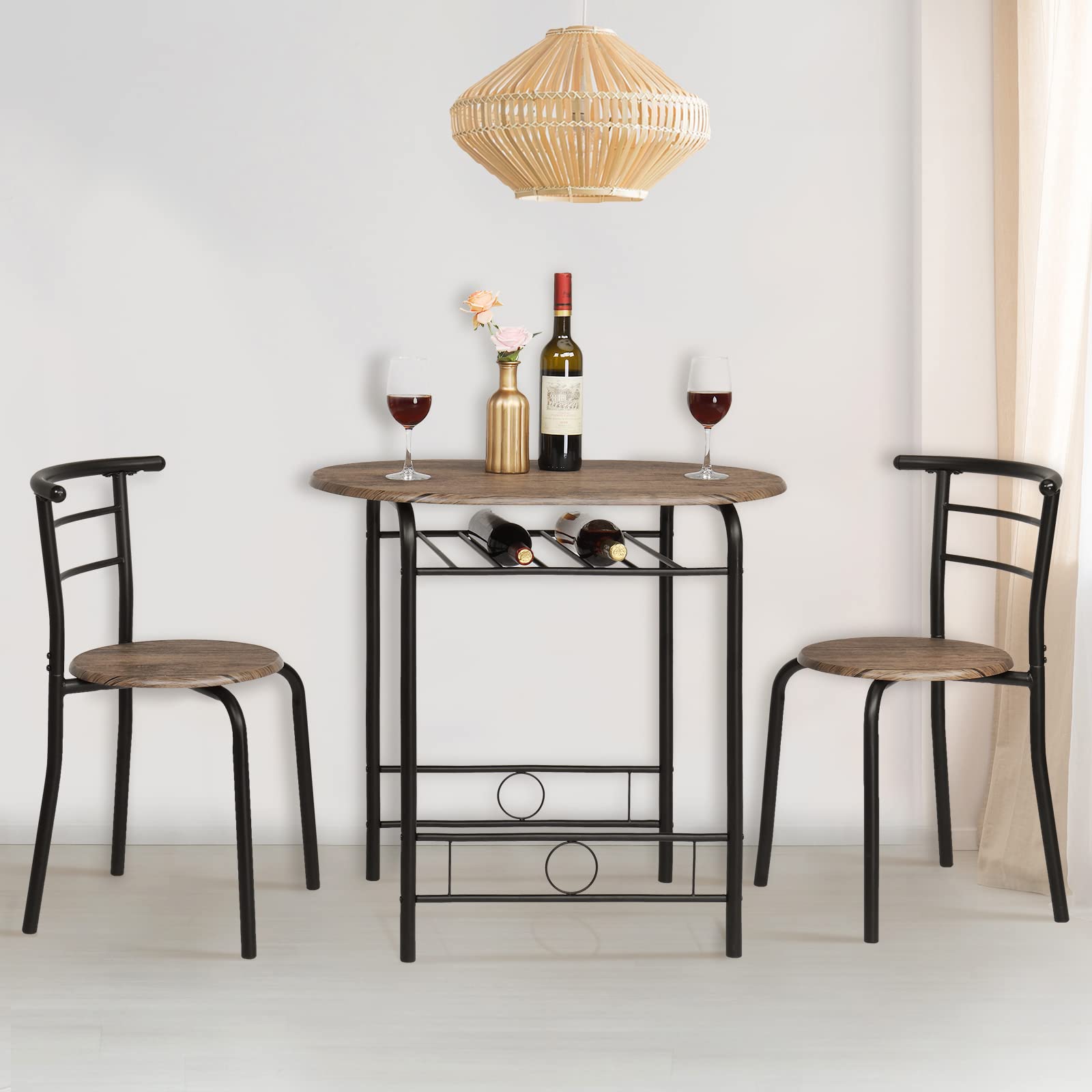 VINGLI 3-Piece Small Kitchen Dining Set for 2 - Wooden Table & 2 Chairs with Metal Frame & Wine Rack - Perfect for Breakfast Nook, Small Spaces, Apartments & Rustic Decor