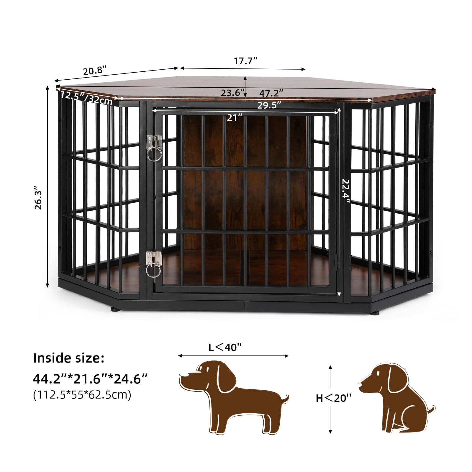 VOWNER 47 Inch Wooden Dog Crate Furniture - Corner Kennel End Table for Medium Dogs | Indoor Pet Crate with Wide Top | Space-Saving Design for Small Rooms | Perfect for Living Room, Bedroom or Office (Brown)