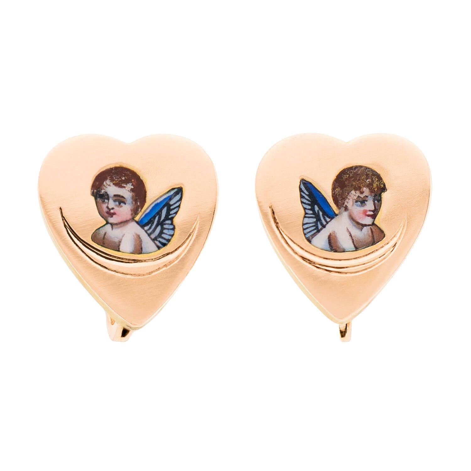 14K Gold Victorian Style Enamel Heart Cherub Earrings - Elegant Angel Wing Dangle Earrings for Women, Perfect Gift for Valentine's Day, Anniversary & Special Occasions
