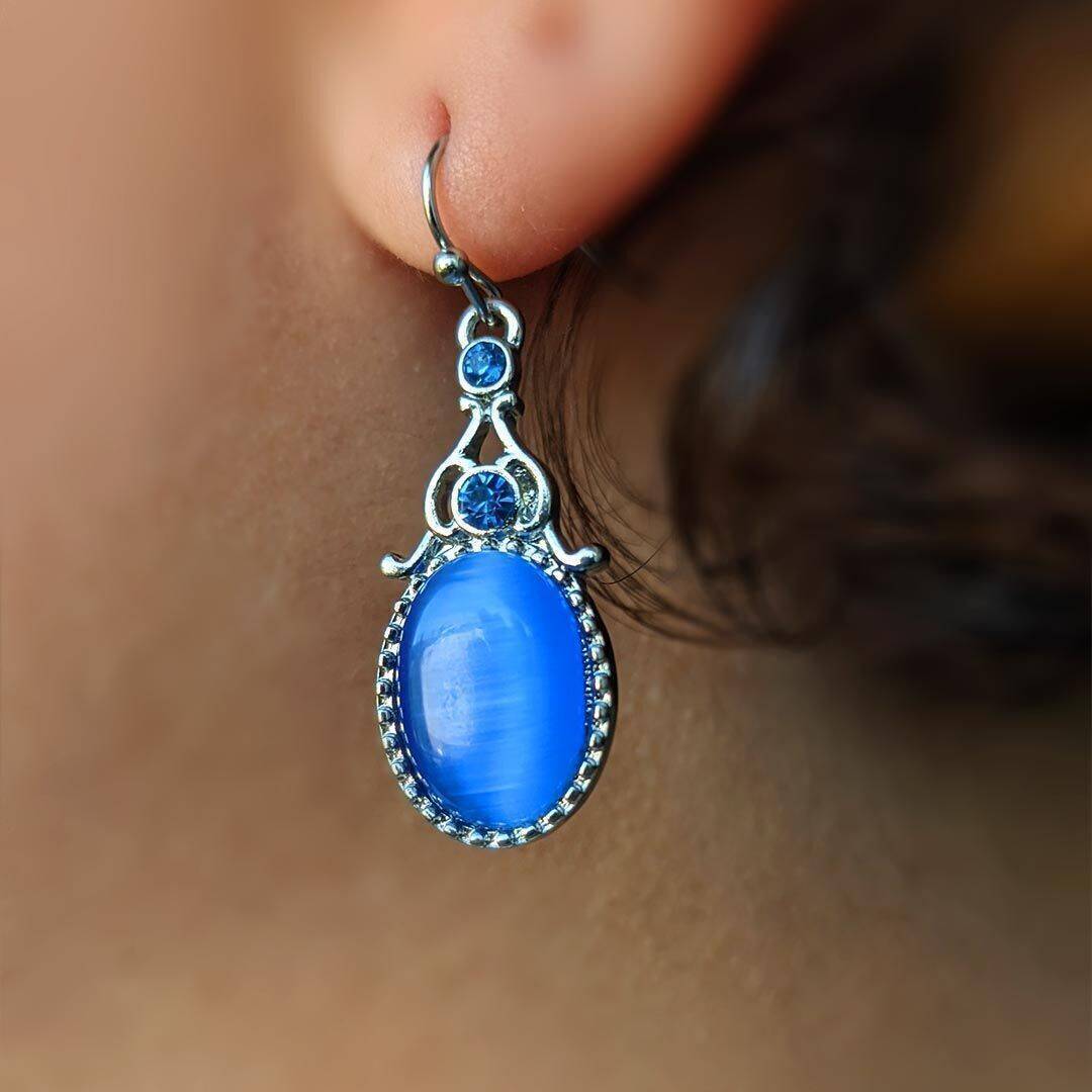 1928 Vintage Cat's Eye Crystal Drop Earrings - Oval Faceted Glass Gemstone Dangle Earrings for Women | Perfect for Evening Parties, Weddings & Special Occasions