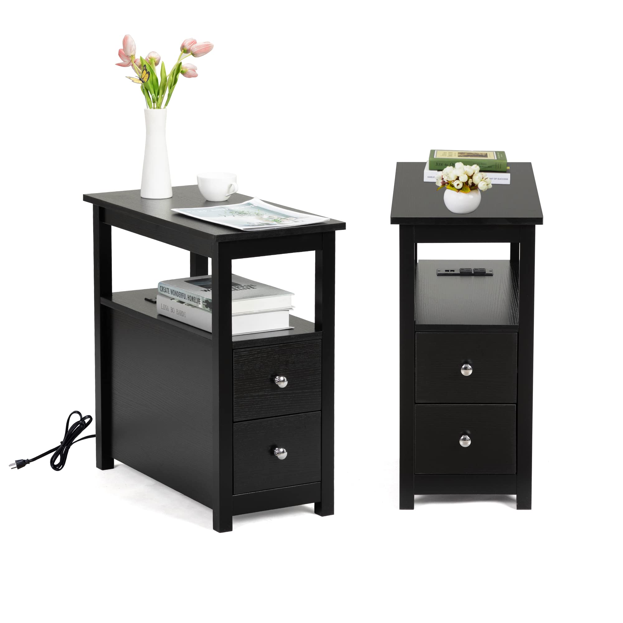Sandinrayli Modern Black Wooden Bedside Table Set of 2 - Nightstand with USB Charging Station, 2 USB Ports & 2 Power Outlets - Small End Tables for Living Room, Bedroom - Perfect for Phone Charging & Bedside Storage