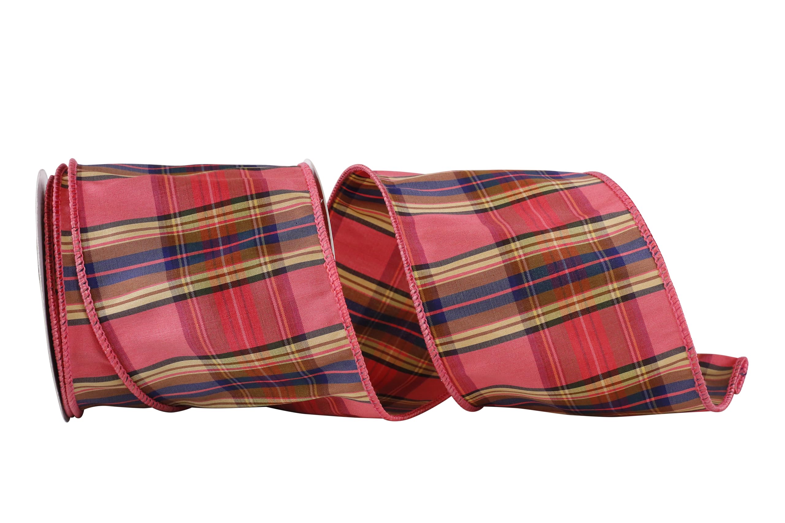 Reliant Ribbon Plaid Pizzaz Wired Edge Ribbon - 4 Inch x 10 Yards, Coral - Perfect for Gift Wrapping, DIY Crafts, Wedding Decorations & Holiday Bows