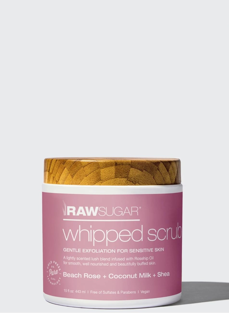 Organic Raw Sugar Whipped Body Scrub for Sensitive Skin - Exfoliating & Moisturizing with Beach Rose, Coconut Milk & Shea Butter (15oz) - Perfect for Spa Day, Dry Skin Care & Self-Care Routine