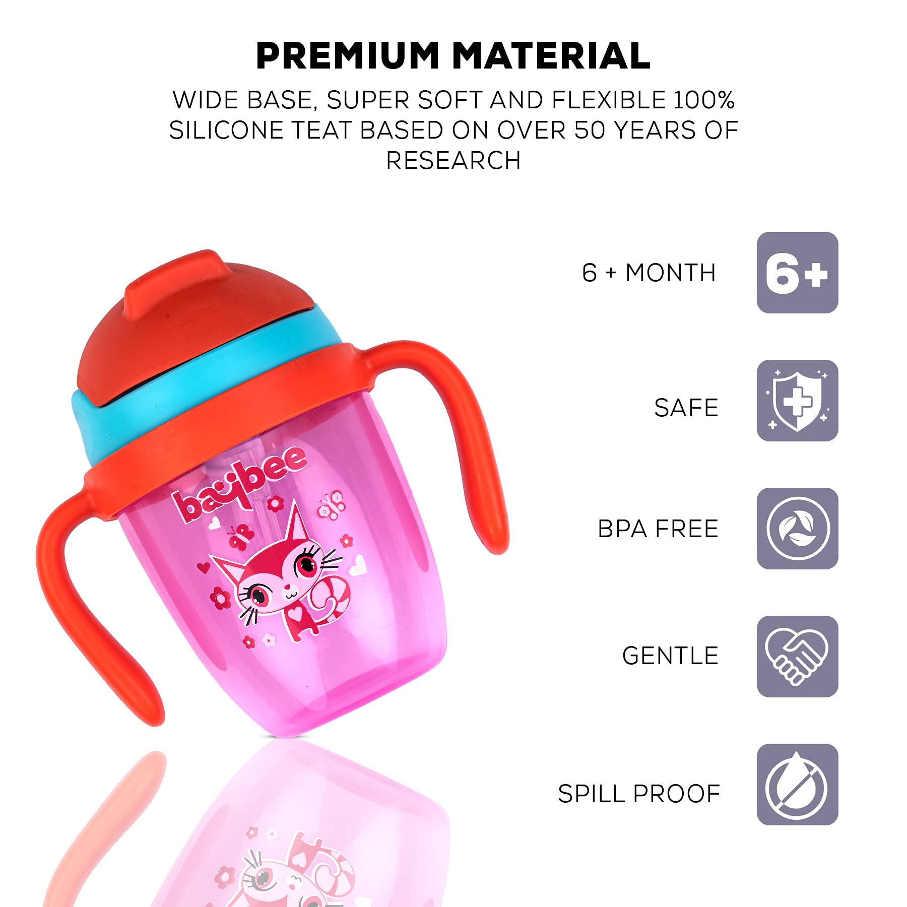 Baybee Flippo 240ML Anti-Spill Sippy Cup for Babies & Toddlers 6-36 Months - BPA Free Baby Bottle with Soft Silicone Straw - Leak Proof Training Cup for Travel, Daycare & Home Use (Pink)