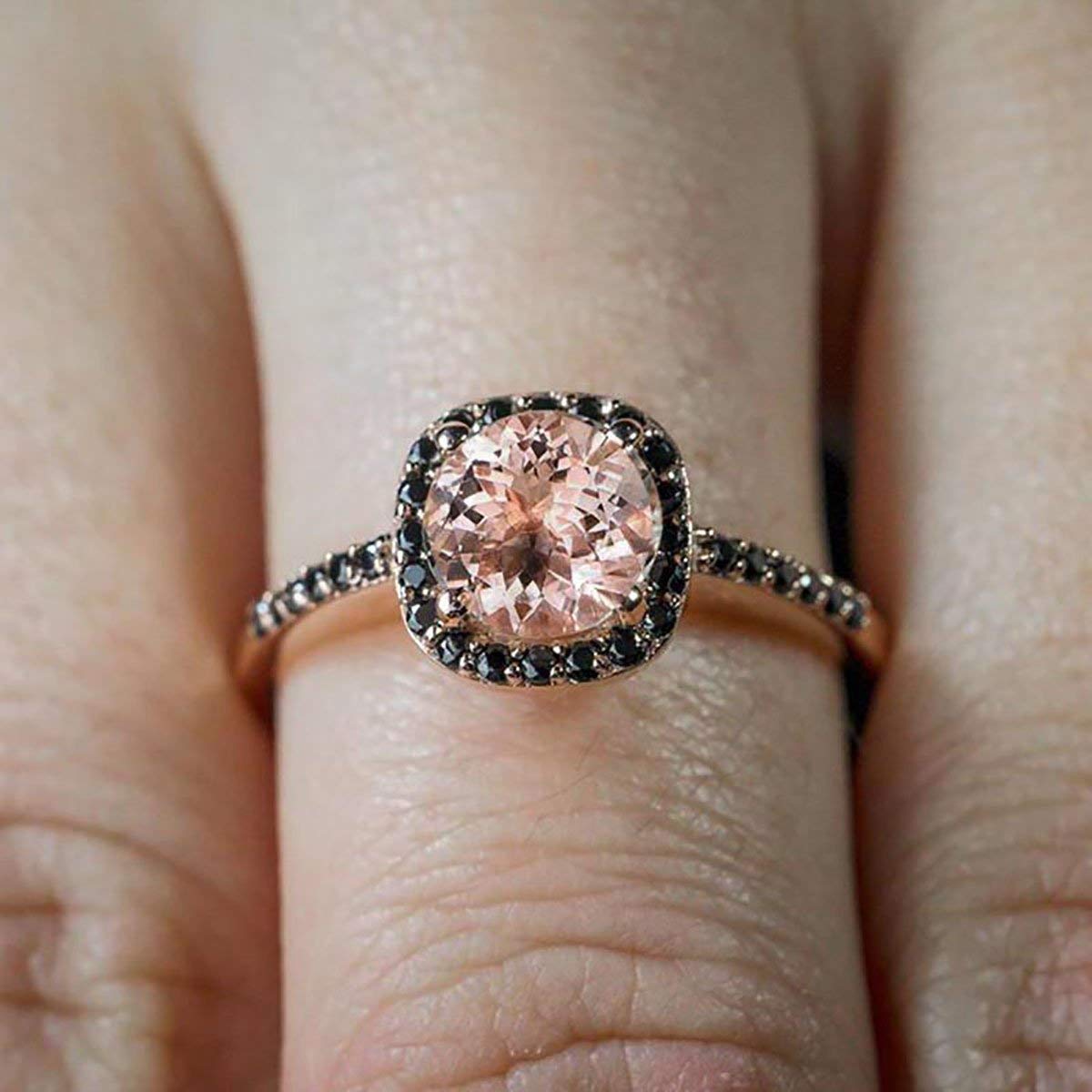 1.25 Carat Round Cut Morganite & Black Diamond Engagement Ring in 18K Gold Plating - Elegant Wedding, Proposal & Anniversary Jewelry Gift for Her