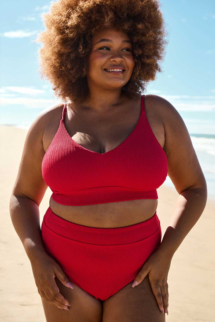 Byron High Waisted Bikini Bottom - Red Textured Swimwear for Women | Beach, Pool & Summer Vacation Essentials
