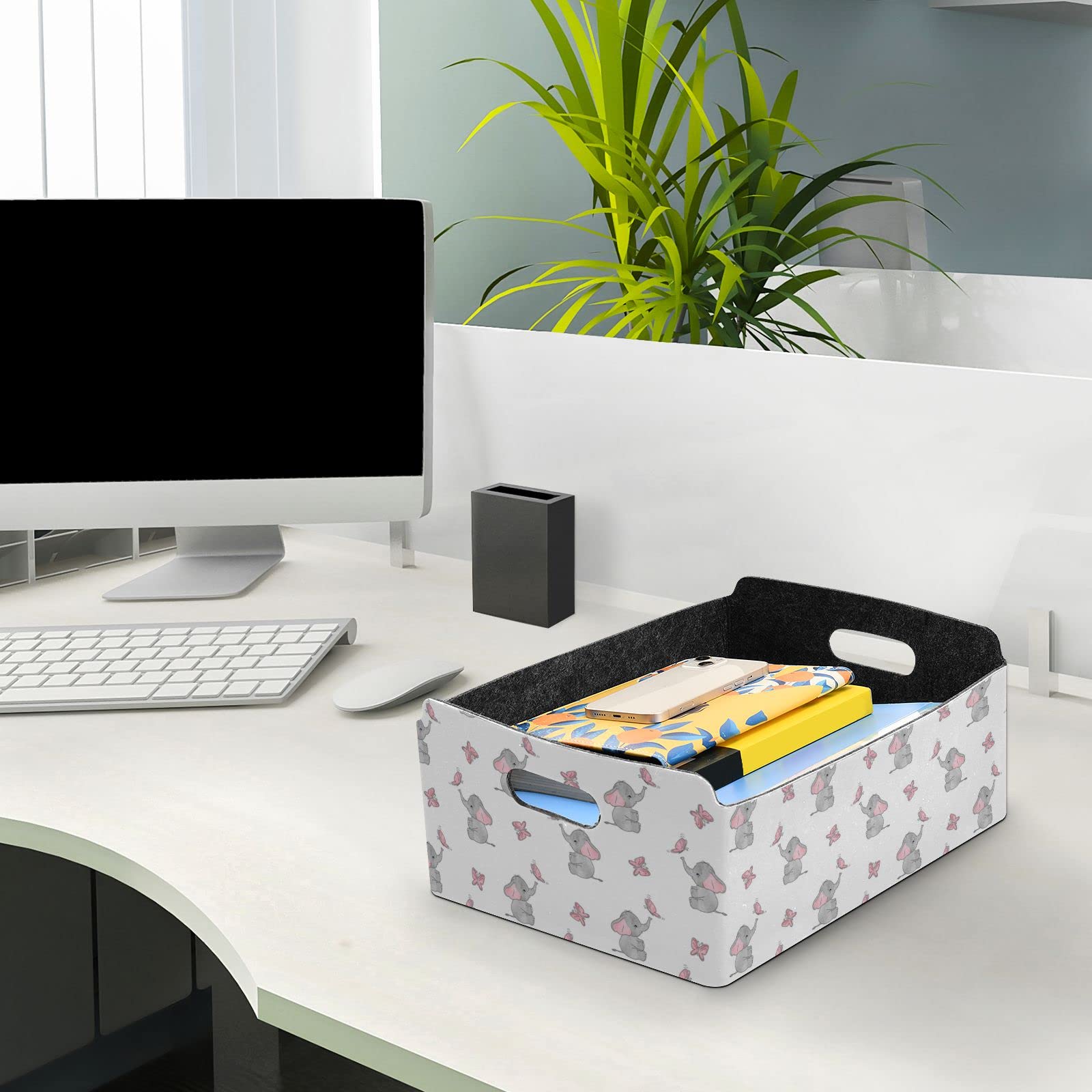 Elephant & Butterfly Design Rectangular Felt Desk Organizer Tray - Detachable Storage Plate for Jewelry, Vanity & Counter Tissues | Foldable Valet Tray for Home Office Organization (Perfect for Makeup, Keys & Small Accessories)