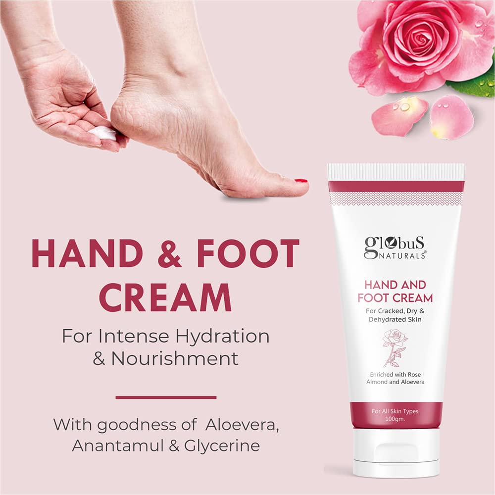 Globus Naturals Nourishing Hand & Foot Cream with Rose & Anantmool - Deep Moisturizer for Dry Skin - All Skin Types - 100g - Perfect for Daily Hydration & Cracked Heel Care