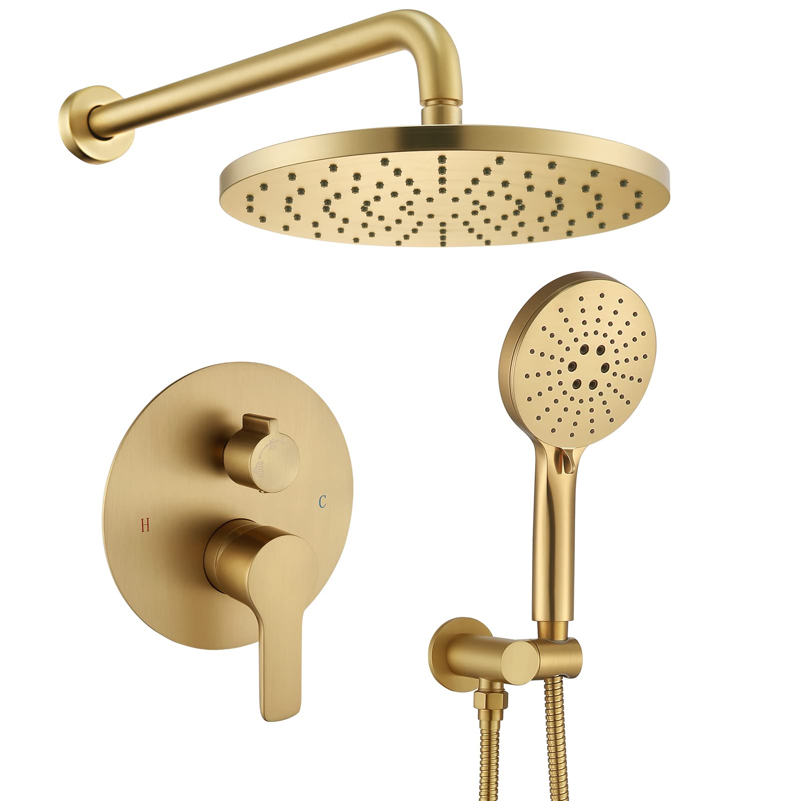 Luxury Wall Mounted Shower System with High Pressure Rainfall Shower Head & 3-Setting Handheld Spray - Brushed Gold Bathroom Faucet Mixer Set with Pressure Balance Valve - Perfect for Master Bathroom, Spa-Like Shower Experience
