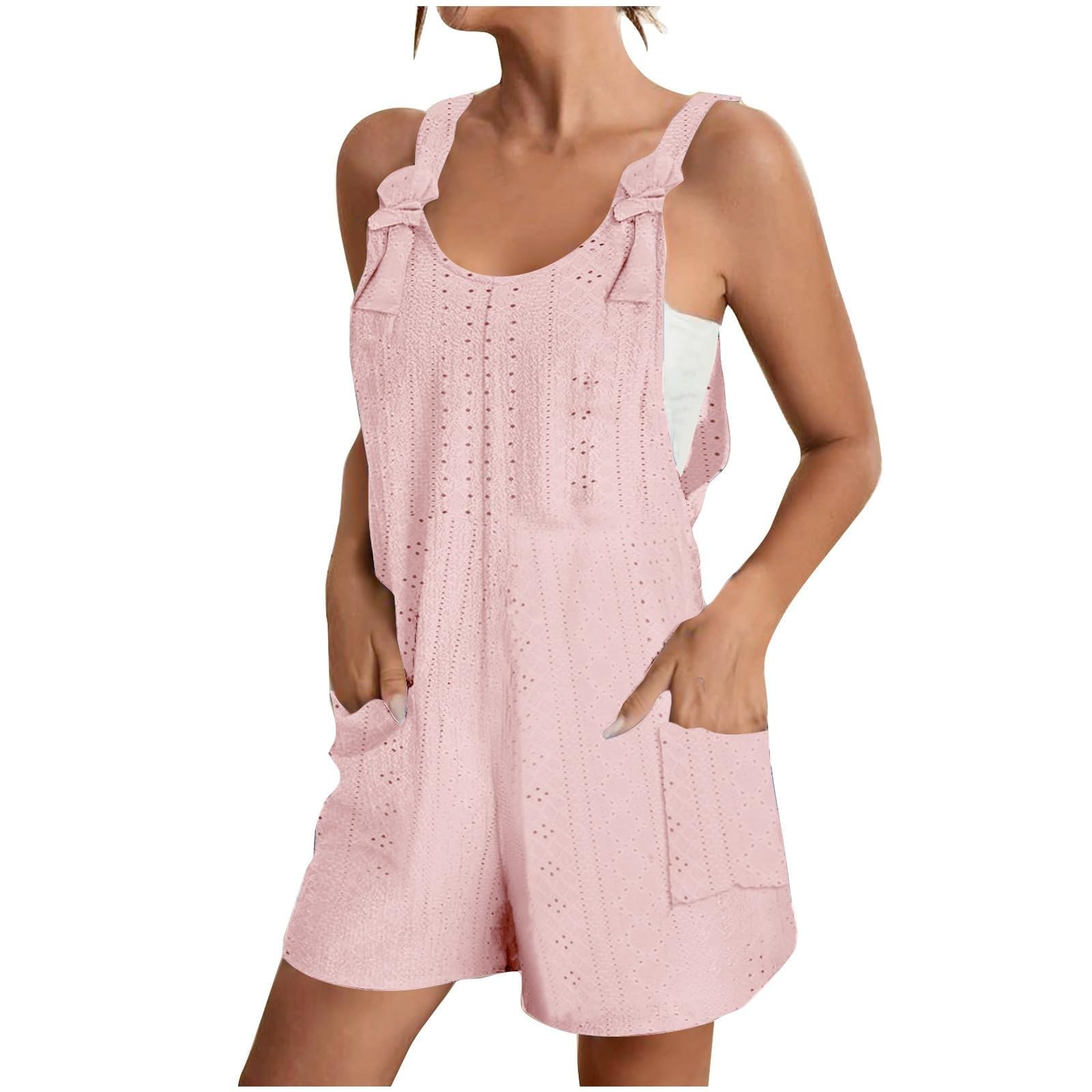 Women's Crochet Eyelet Jumpsuit Romper with Pockets - Elegant Solid Color Shorts Jumper for Casual Outings, Beach Vacations & Summer Parties