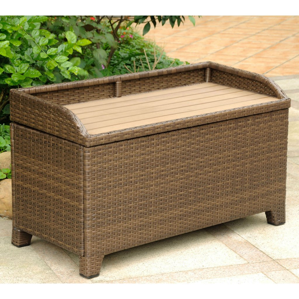 International Caravan Barcelona Patio Storage Bench in Honey Pecan - Outdoor Furniture with Weather-Resistant Wood - Perfect for Garden, Deck, and Poolside Storage