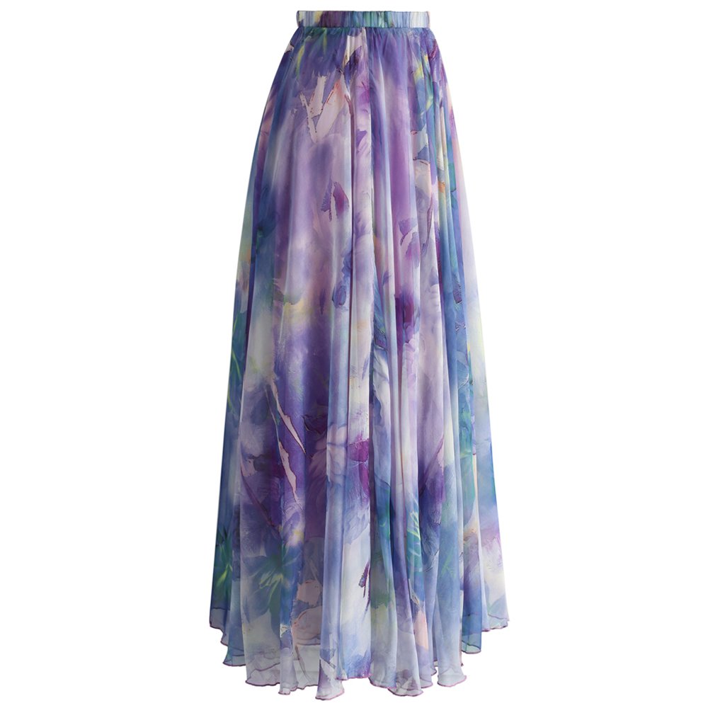 Chicwish Women's Floral Watercolor Maxi Skirt - Flowy Chiffon Slip Dress with Vibrant Flower Print for Summer Beach, Vacation & Boho Style Outfits