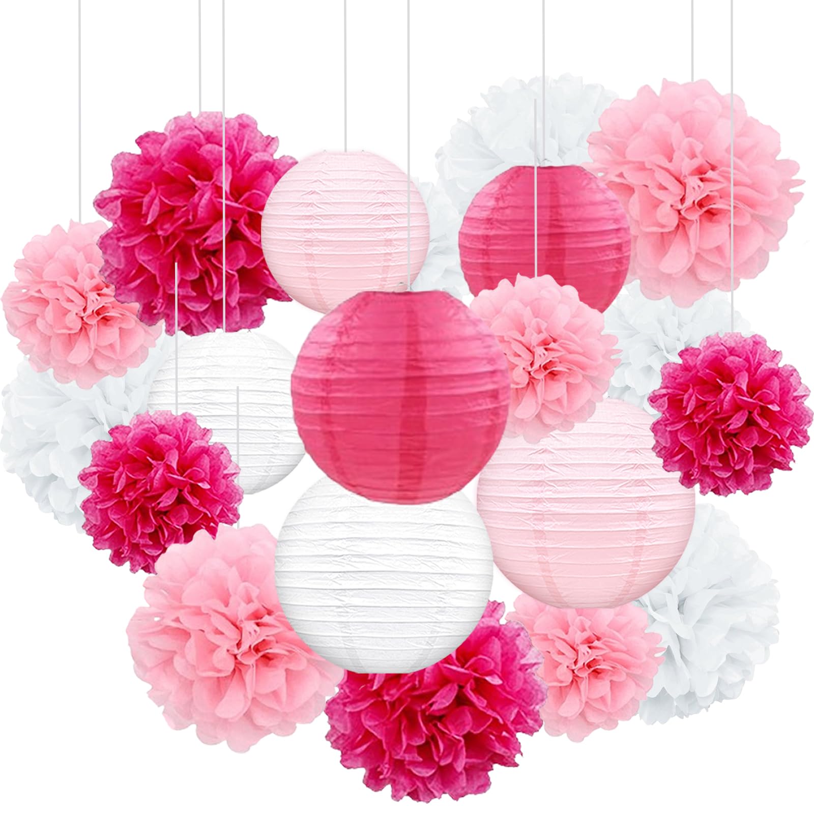 Pink Paper Lanterns & Tissue Pom Poms - 18pcs Wedding Birthday Party Decorations Hanging Lanterns Flowers (Pink/White/Rose) - Perfect for Baby Showers, Bridal Showers, Garden Parties & Home Decor