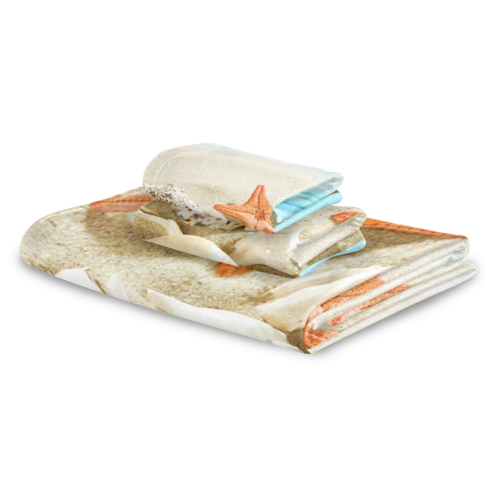 ALAZA Luxury Soft Starfish Seashell Bath Towel Set - 1 Bath Towel, 1 Hand Towel, 1 Washcloth - Decorative Beach Towels for Bathroom, Kitchen, Spa & Summer Vacation - Premium 3-Piece Towel Set for Home & Travel