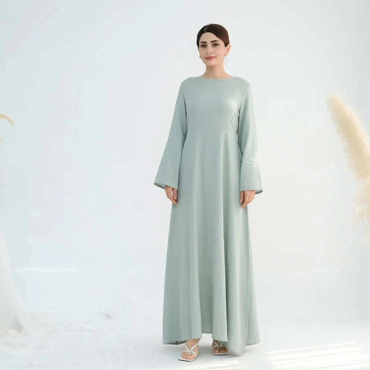 2-Piece Muslim Abaya Dress Set - Linen Cotton Blend with Slip Dress & Belt #25947 | Modest Islamic Clothing for Prayer, Eid & Everyday Wear