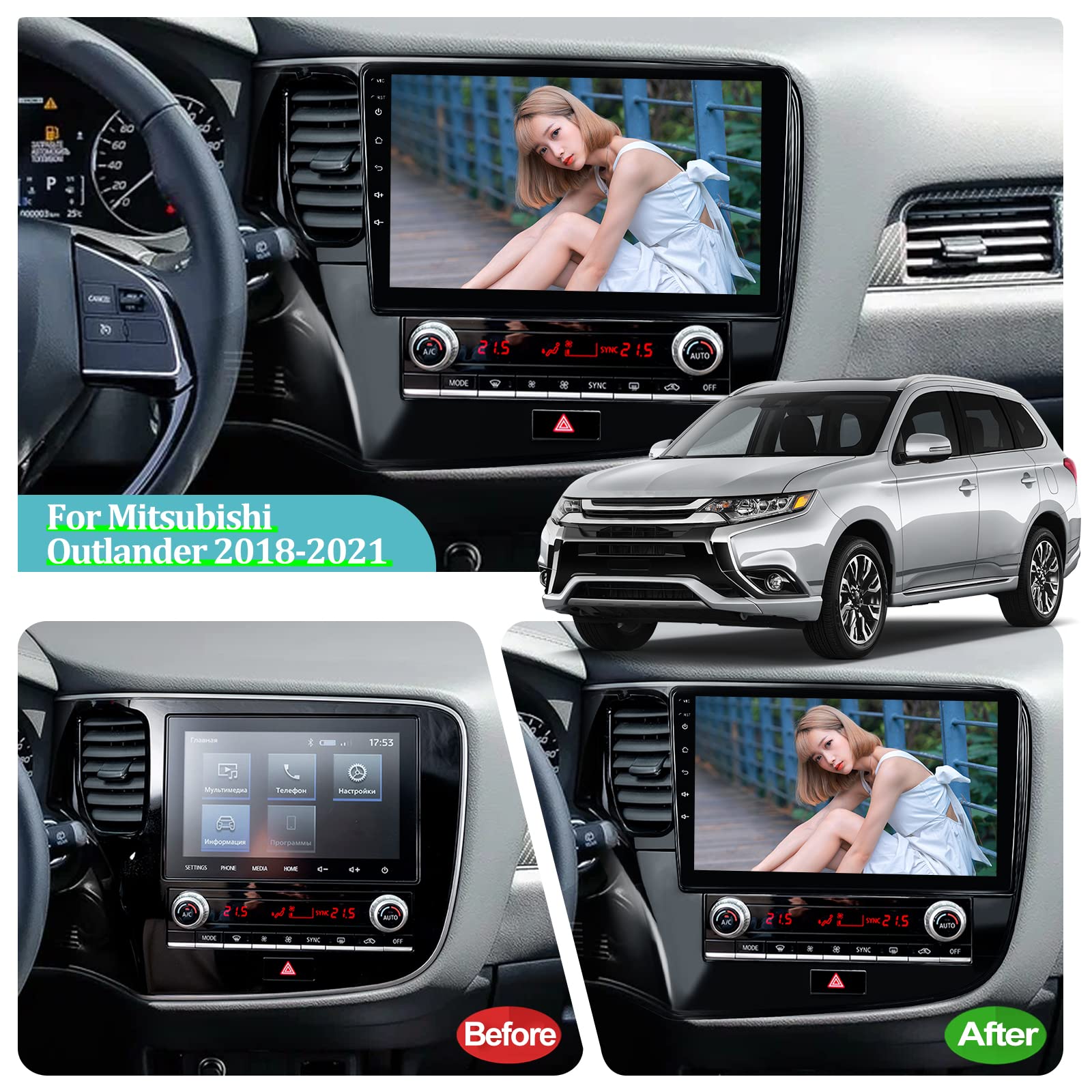 NHOPEEW 10.1 Inch Android 13 Car Stereo for Mitsubishi Outlander 2018-2021 - 2+64GB, Wireless Apple CarPlay & Android Auto, Touchscreen Bluetooth GPS WiFi, HIFI Audio with AHD Backup Camera & Mic - Perfect for Road Trips & Daily Commuting