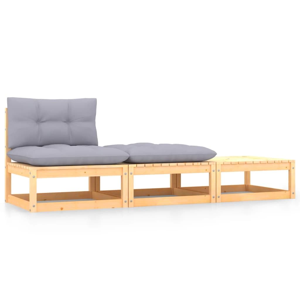 vidaXL Solid Wood Pine 3-Piece Patio Lounge Set with Gray Cushions - Durable Outdoor Furniture with Sofa & 2 Footstools for Backyard, Poolside & Garden Relaxation