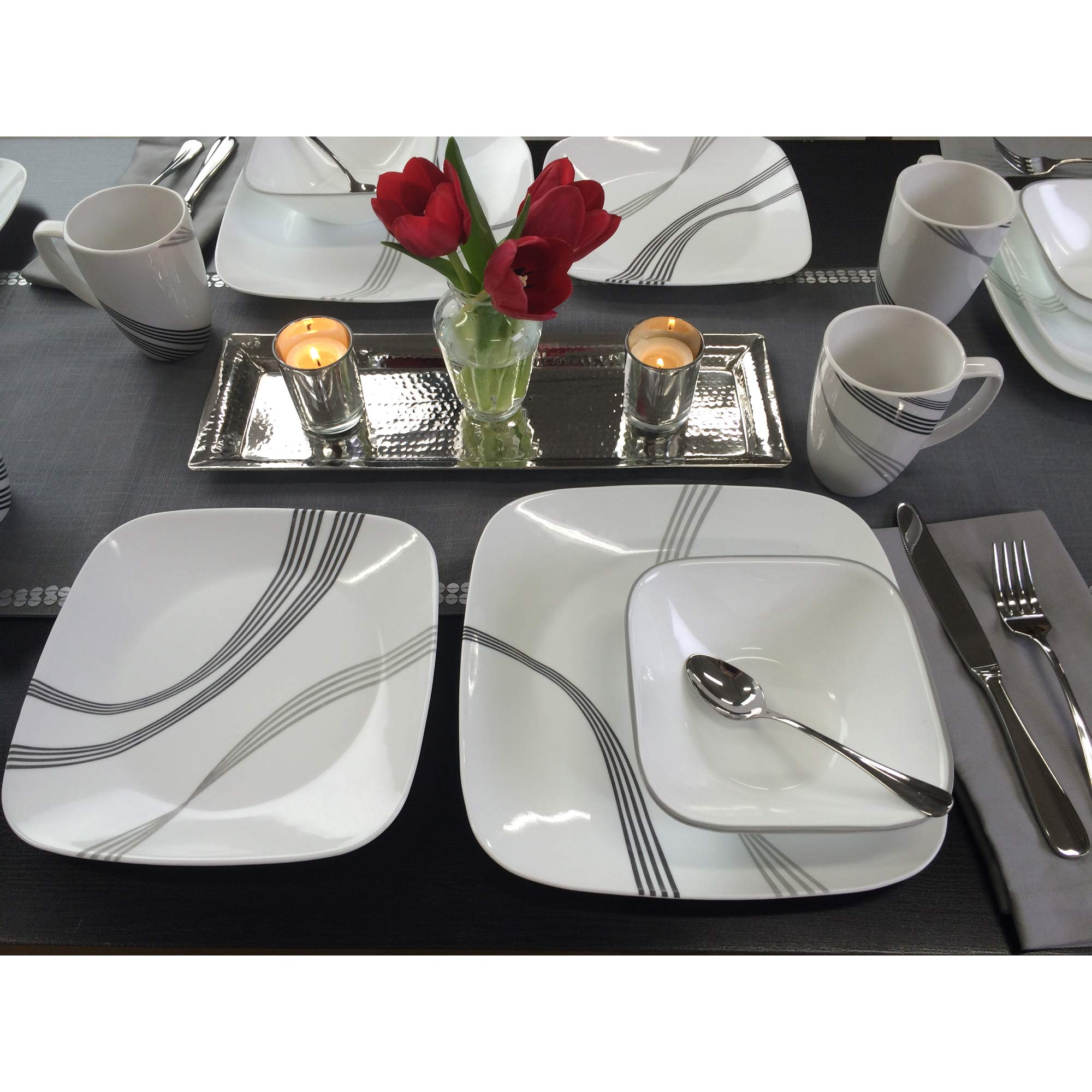 Corelle Boutique Square Urban Arc 16-Piece Dinnerware Set, Service for 4 - Modern Square Plates, Bowls & Mugs - Durable Chip-Resistant Dishware for Everyday Use, Family Dinners & Entertaining Guests