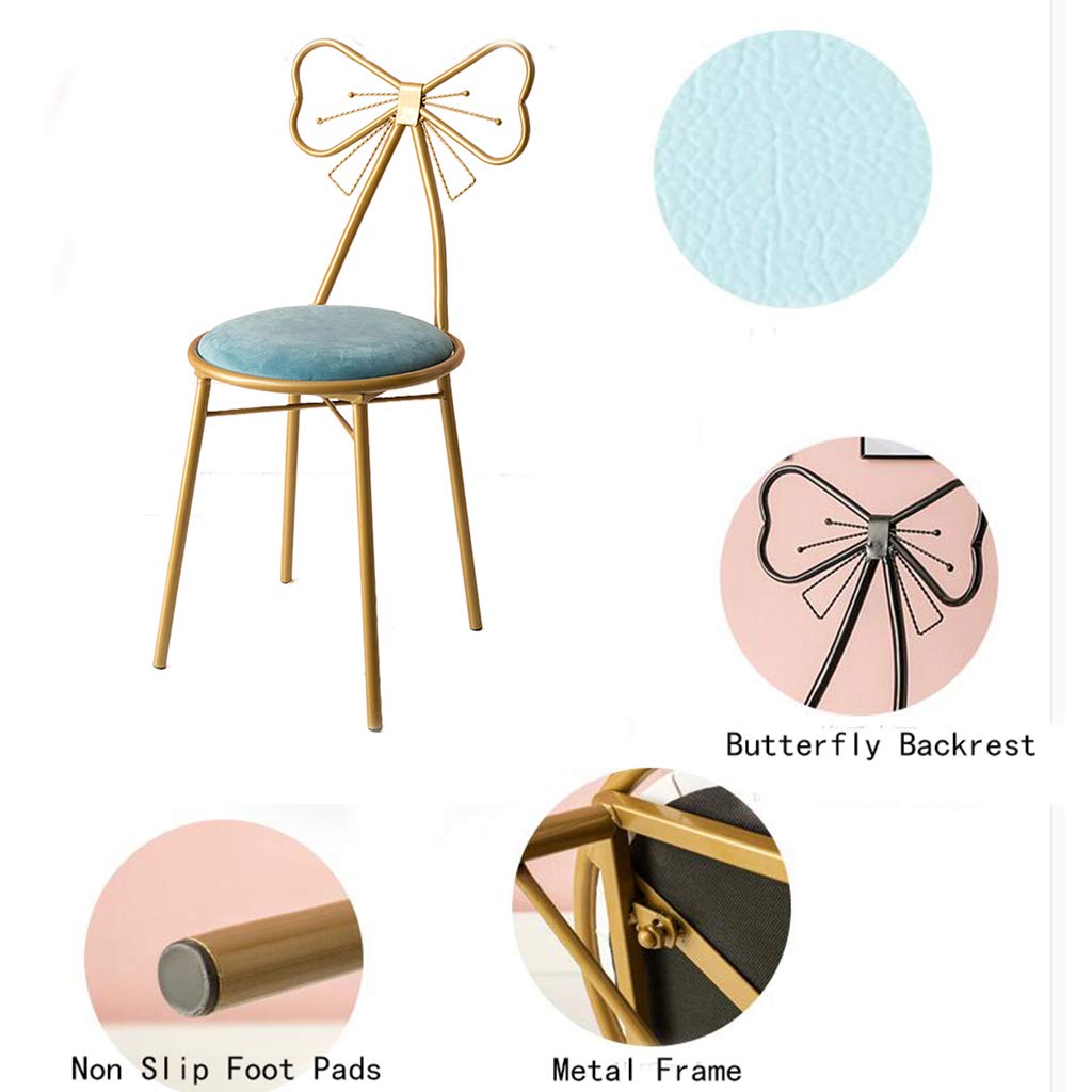 Elegant Pink Flannel Dressing Table Makeup Chair with Creative Butterfly Tie Backrest - Golden Wrought Iron Stool for Bedroom, Lounge & Reading | Perfect Vanity Seat, Dining Chair & Home Decor Accessory