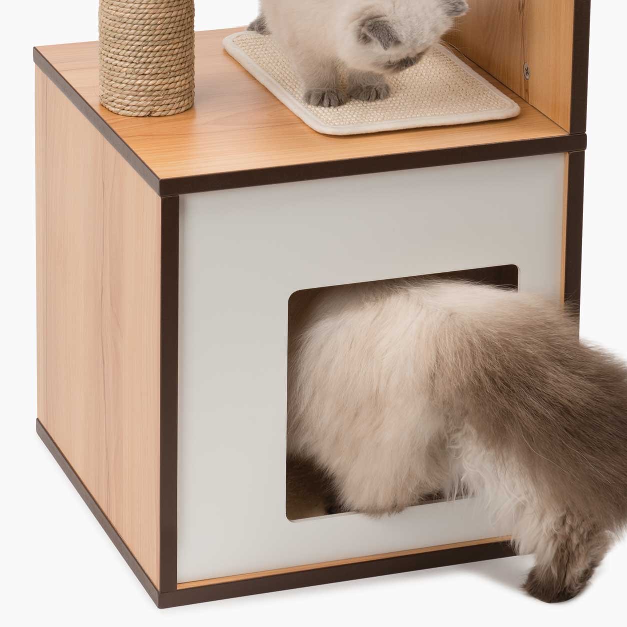 Premium Walnut Vesper Cat Tree & Scratching Post with Cozy Cat Box - Perfect for Small Spaces, Indoor Cat Play & Relaxation