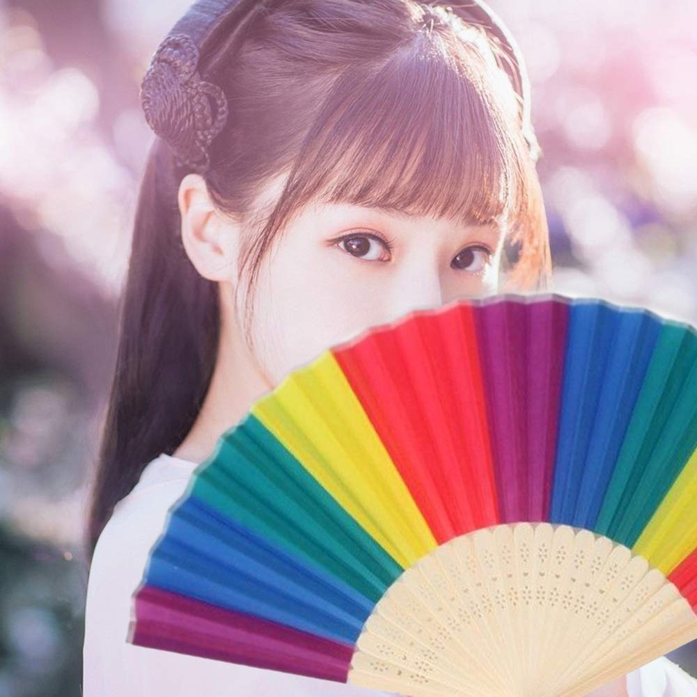 TCXSSL 7-inch Colorful Rainbow Hand Fan - Natural Wooden Bamboo Frame with Dacron Fabric - Vibrant Wedding Gift & Home Decor - Perfect for Weddings, Parties, and Summer Cooling