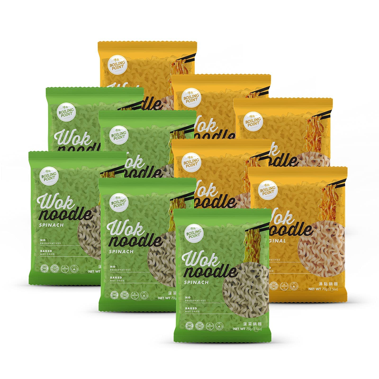 BOILING POINT Wok Noodle Bundle - Original & Spinach Flavored Asian Ramen (10 Pack) | Healthy Non-Fried Instant Noodles, No Preservatives | Perfect for Quick Stir Fry Meals, Office Lunches & Late Night Snacks