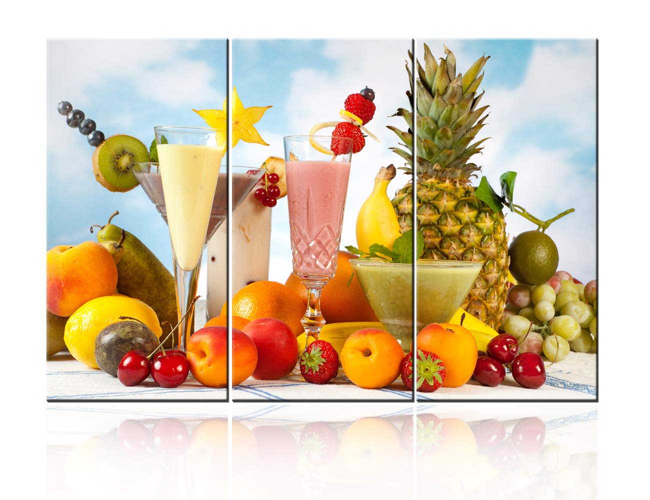 Vibrant Canvas Wall Art - Summer Fruits Painting, Fresh Food & Dessert Print, Modern Home Decor for Living Room, Blue Skyline Design, Wooden Framed Ready to Hang 3-Panel Set (42Wx28H inches) - Perfect for Kitchen, Dining Room or Bedroom Decoration