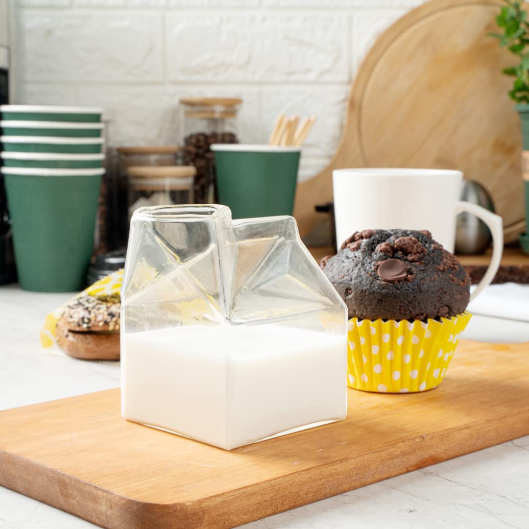 **12oz Reusable Glass Milk Carton - Durable Clear Glass Creamer for Milk, Juice & Coffee | Dishwasher Safe | Perfect for Home, Restaurant & Cafe Use**