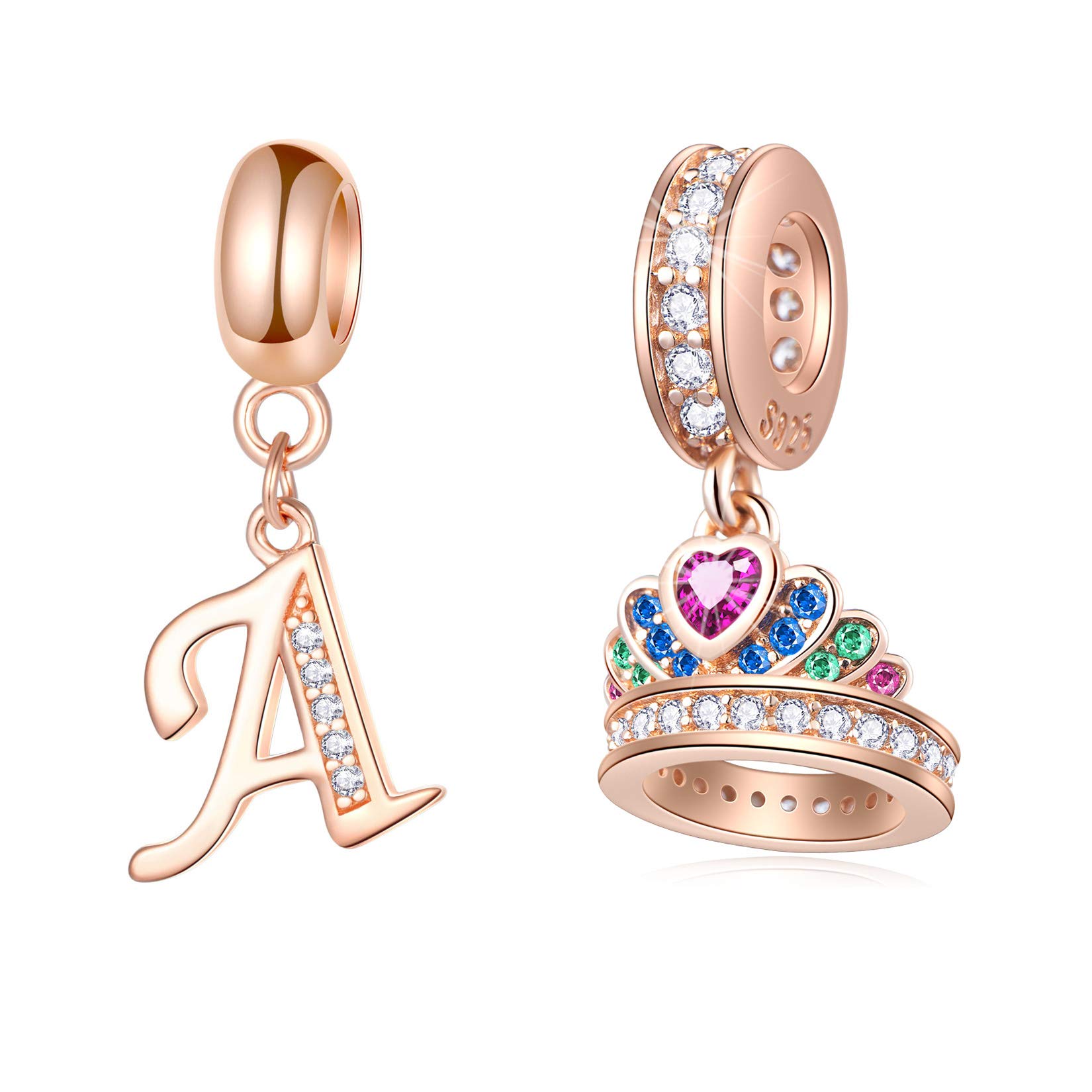 EMOSTAR 925 Sterling Silver Rose Gold Pendant Charms Set - DIY Bracelet, Princess Tiara Crown & Letter A Charms for Jewelry Making | Perfect Birthday, Christmas Gifts for Daughter, Women & Girls | Great for Parties, Weddings & Special Occasions