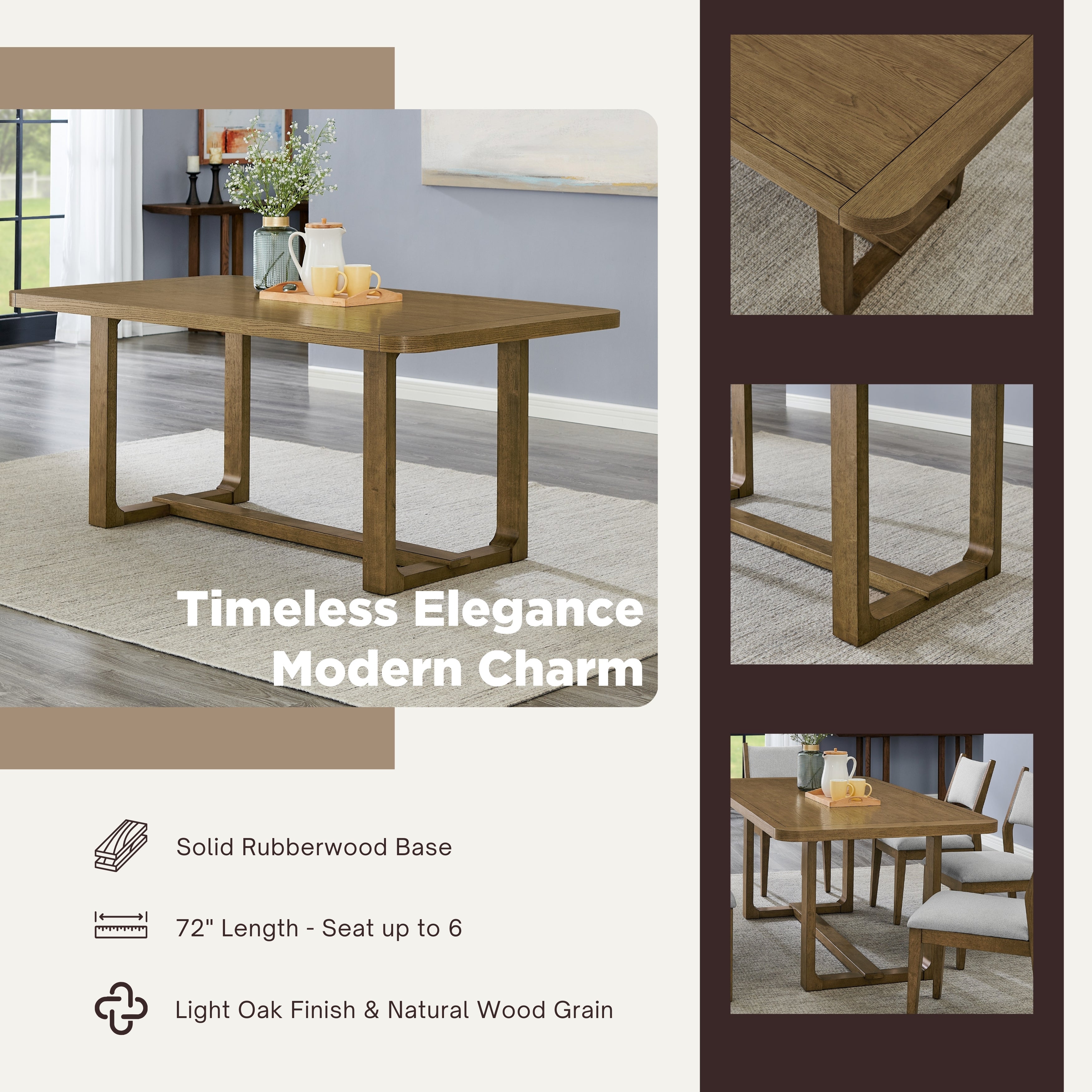 Roundhill Furniture Andus 5-Piece Dining Set - Light Oak Trestle Table with 4 Modern Chairs for Kitchen, Dining Room & Small Spaces | Rustic Farmhouse Style Home Decor