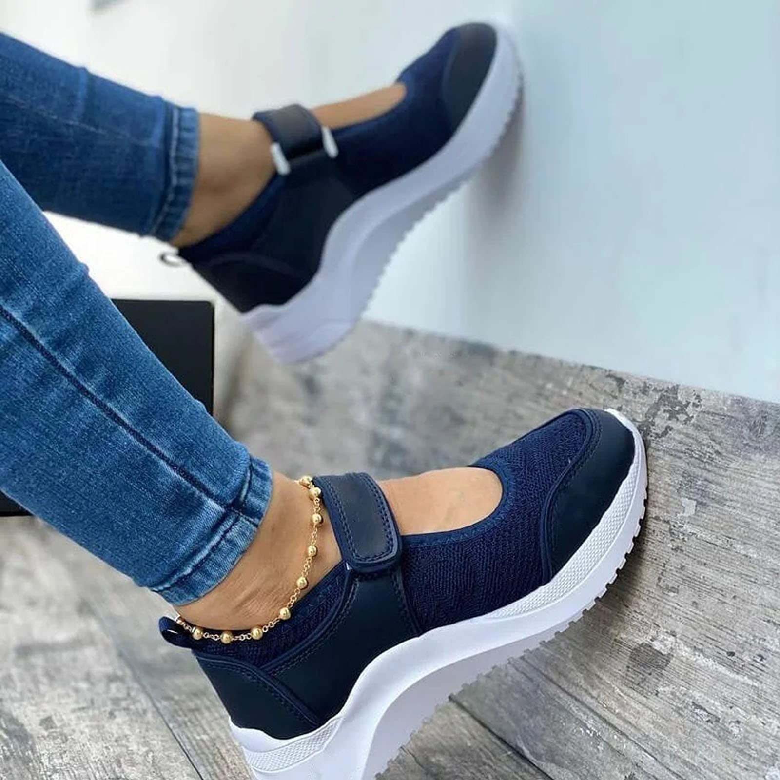 **Orthopedic Navy Wedge Shoes for Women - Non-Slip Work Shoes, Slip-On Fashion Sneakers, Minimalist Trail Running Shoes - Black Comfortable & Stylish for Work, Walking & Casual Wear**
