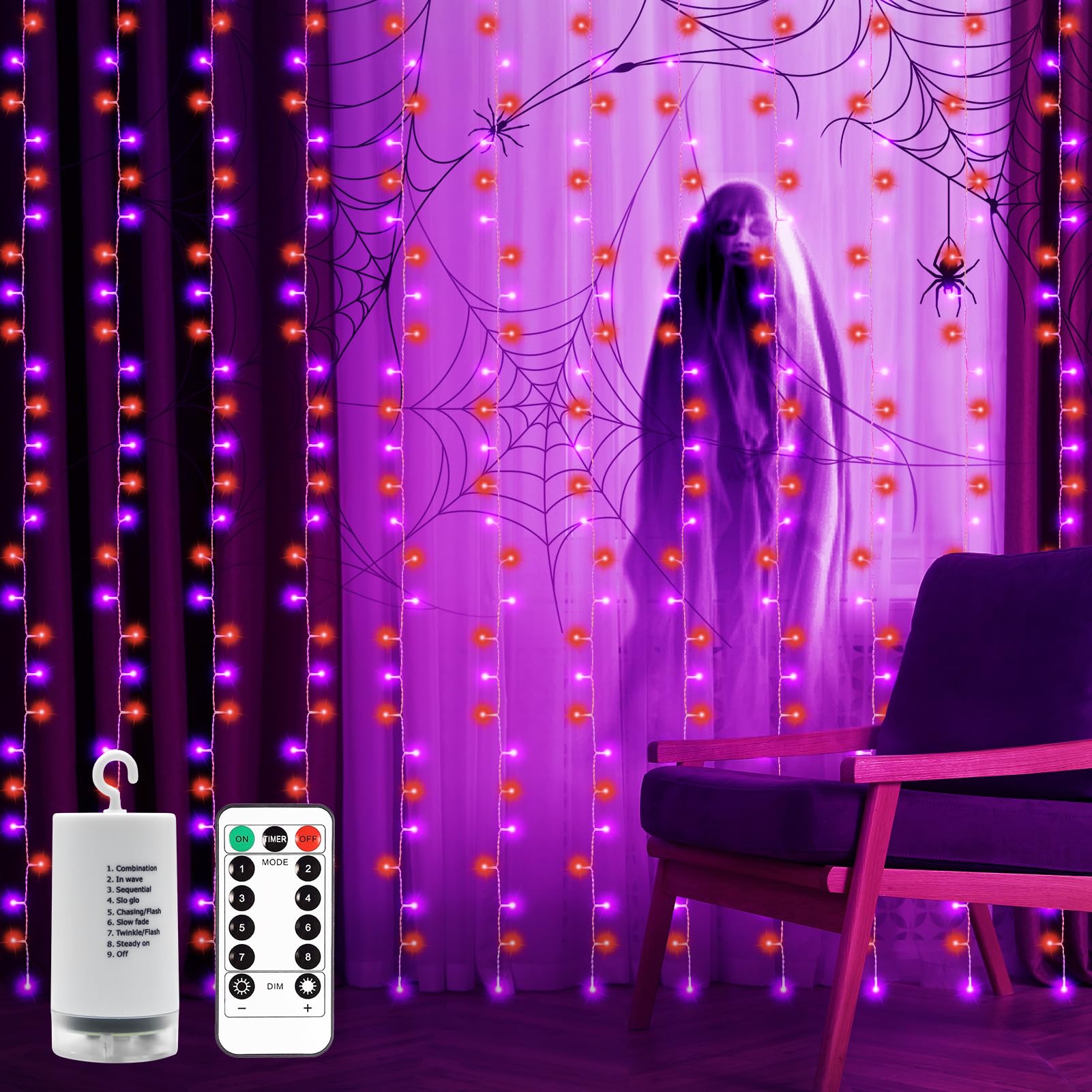 300 LED Halloween Curtain Lights Battery Operated - 9.8Ft x 9.8Ft Purple Orange Fairy String Lights with Remote & Timer for Party, Garden, Yard, Window, Bedroom, and Indoor/Outdoor Decor