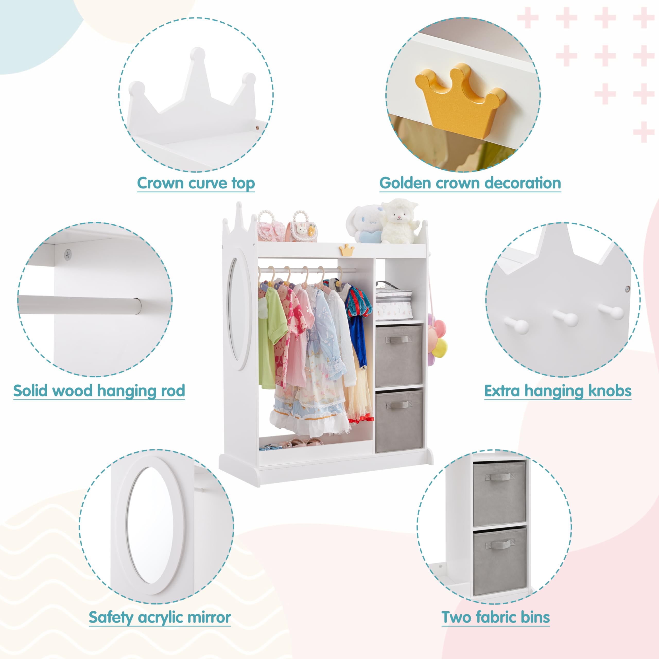 Kids Dress Up Storage Mirror with 2 Bins & Cloth Hanger - Play Armoire Dresser Pretend Closet for Bedroom - Perfect for Organizing Costumes, Toys & Accessories