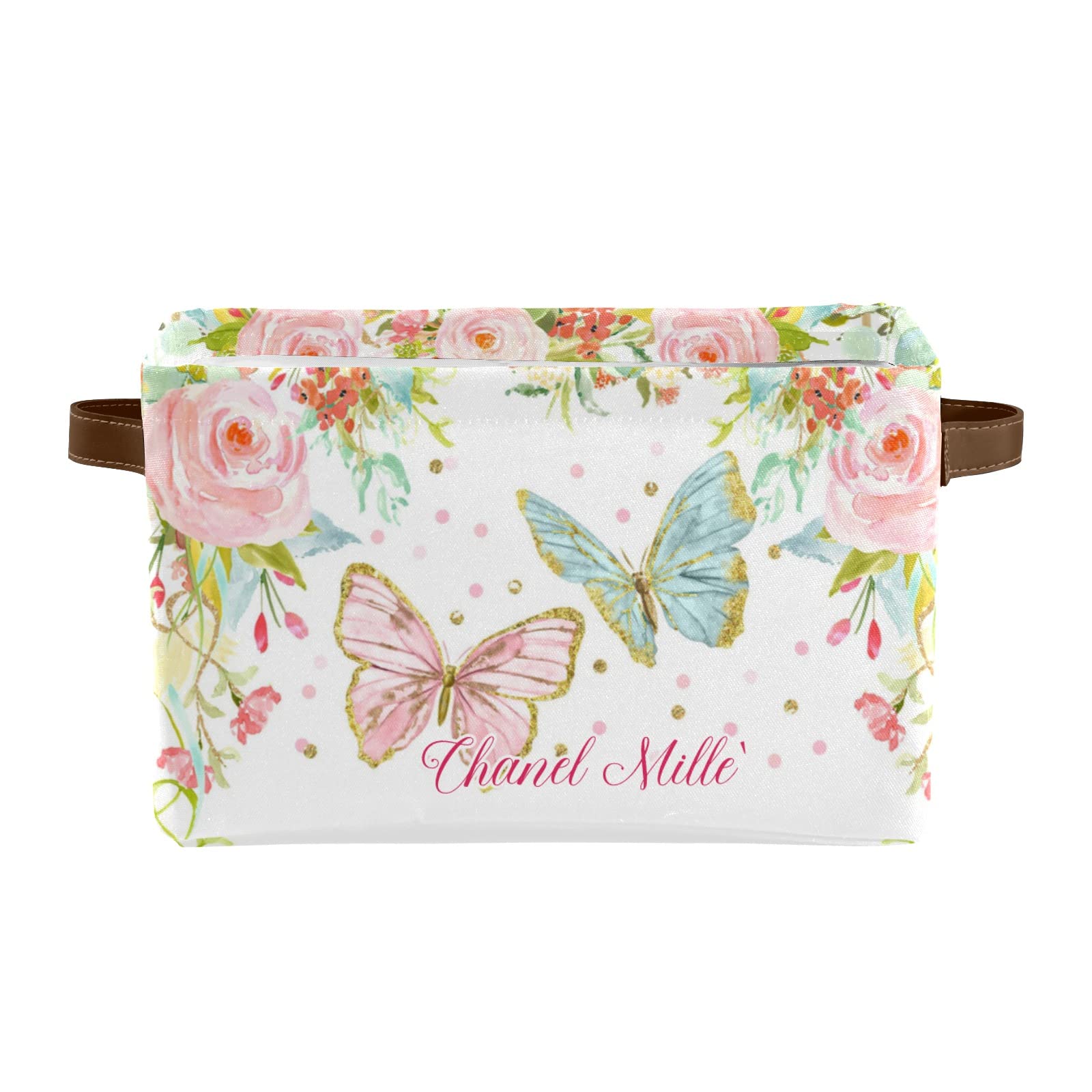 Personalized Floral Butterfly Pink Storage Bins with Handles - Custom Organizer Baskets & Cubes for Home, Nursery, Toys & Clothes (1 Pack) - Perfect for Kids' Room Organization & Nursery Decor