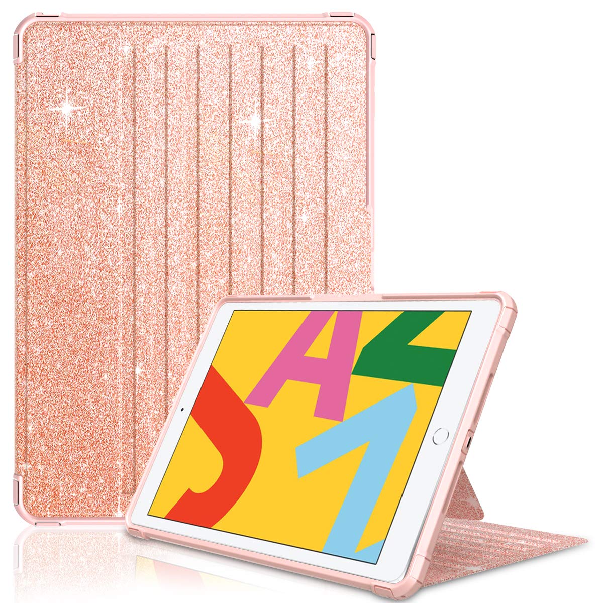 Hocase Sparkly Glitter Shockproof iPad 8th/7th Generation Case - PU Leather + Soft TPU Full Body Protective Cover with Magnetic Stand, Apple Pencil Holder & Auto Sleep/Wake for iPad 10.2
