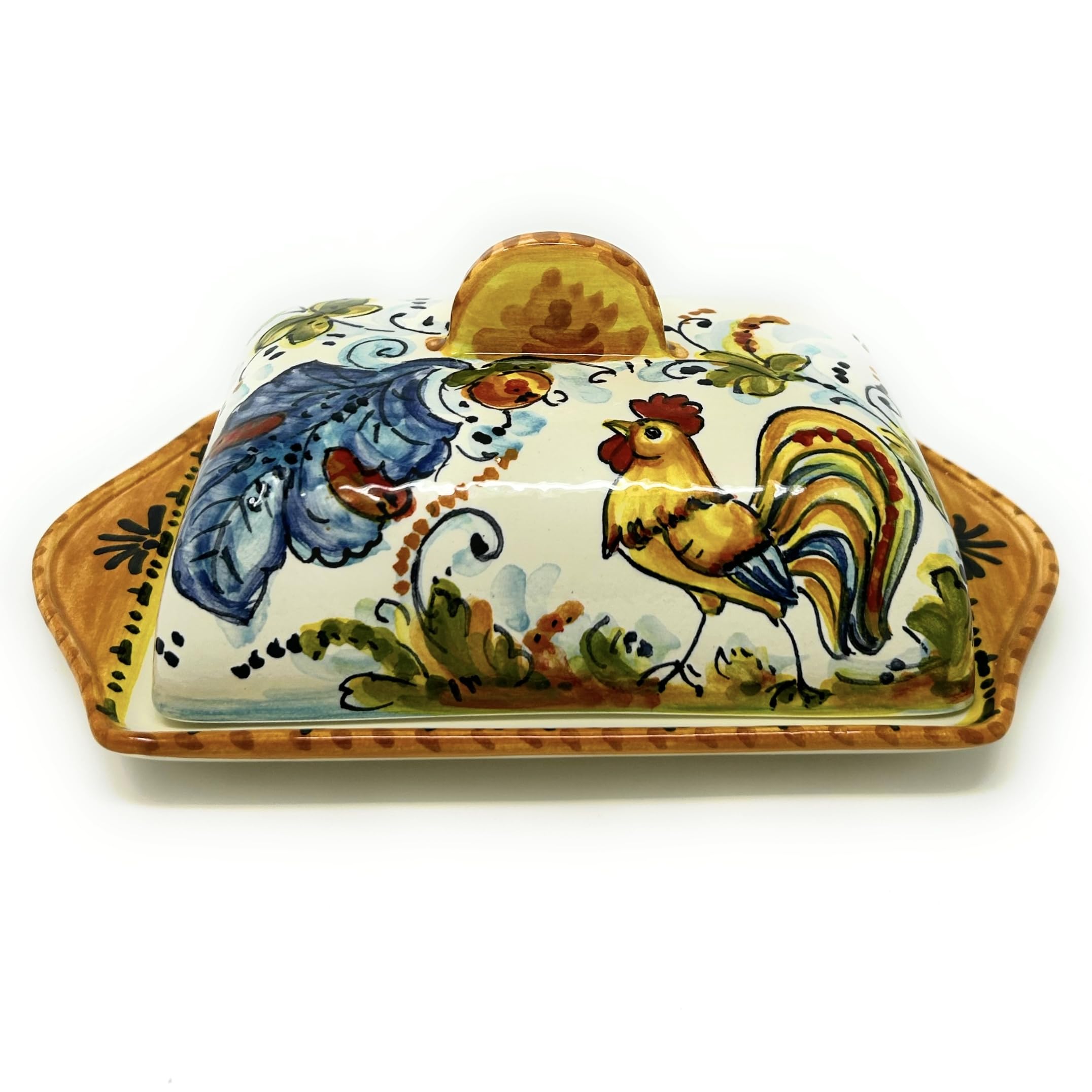 Hand-Painted Italian Ceramic Butter Dish with Rooster Design - Tuscan Art Pottery from Montelupo, Italy | Perfect for Kitchen Decor & Gift Giving
