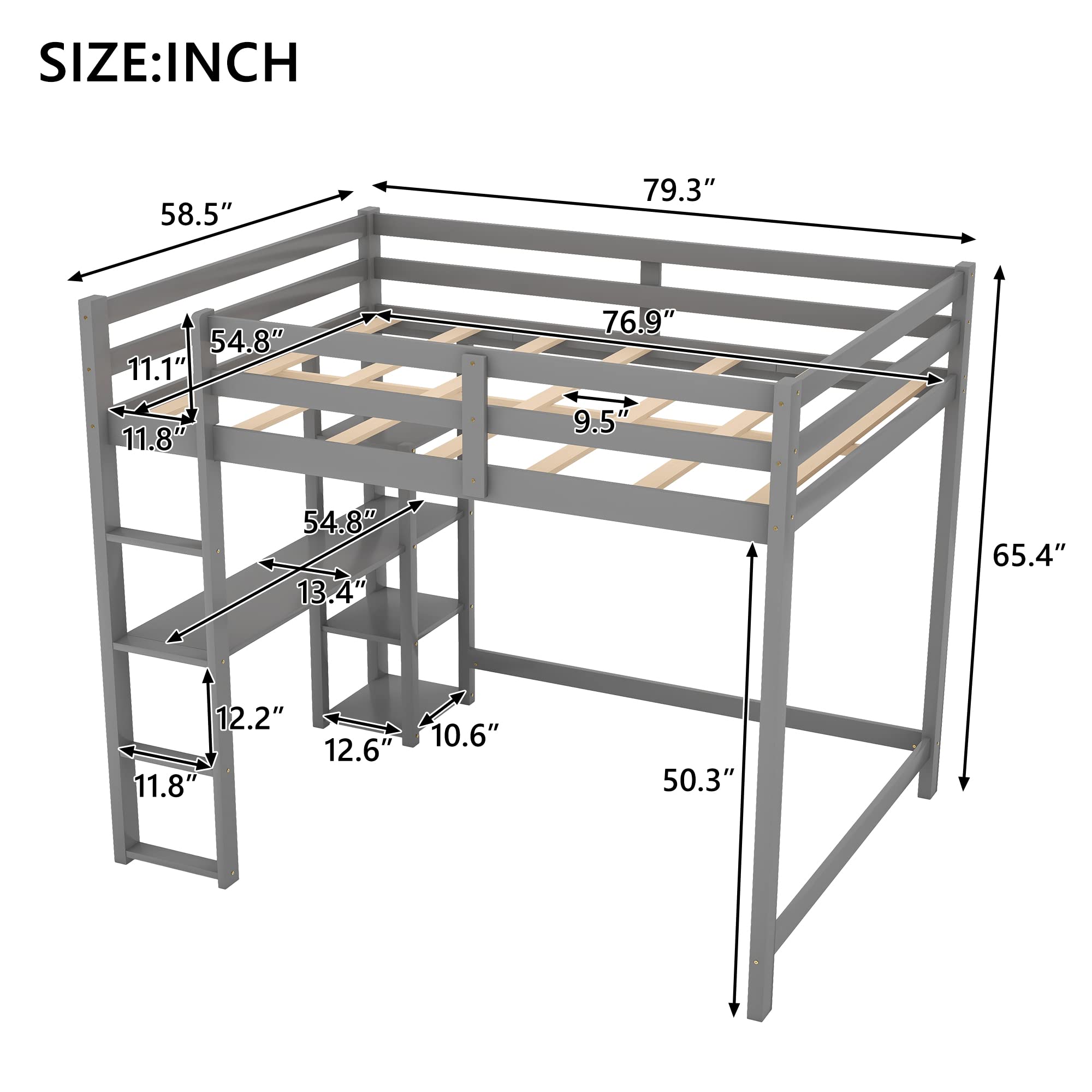 SOFTSEA Full Size Loft Bed with Storage Shelves & Under Bed Desk - Solid Wood Space Saving Bed Frame for Kids, Teens & Juniors - Grey - Perfect for Small Bedrooms, Dorm Rooms & Studio Apartments