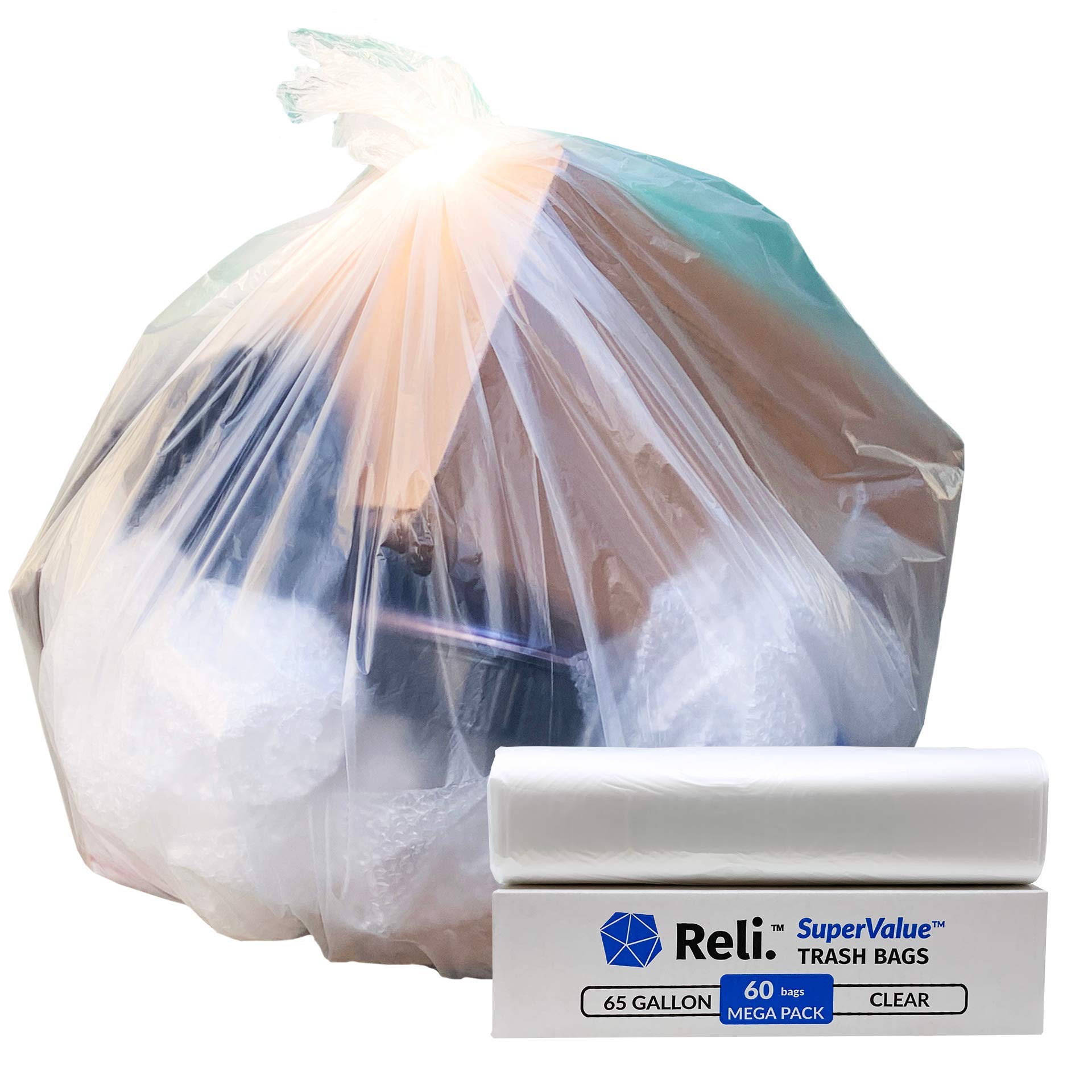 Reli. SuperValue 65 Gallon Heavy Duty Trash Bags - 60 Count | Clear Multi-Use Garbage Bags | Made in USA | Perfect for Large Kitchen, Office, and Outdoor Waste Disposal