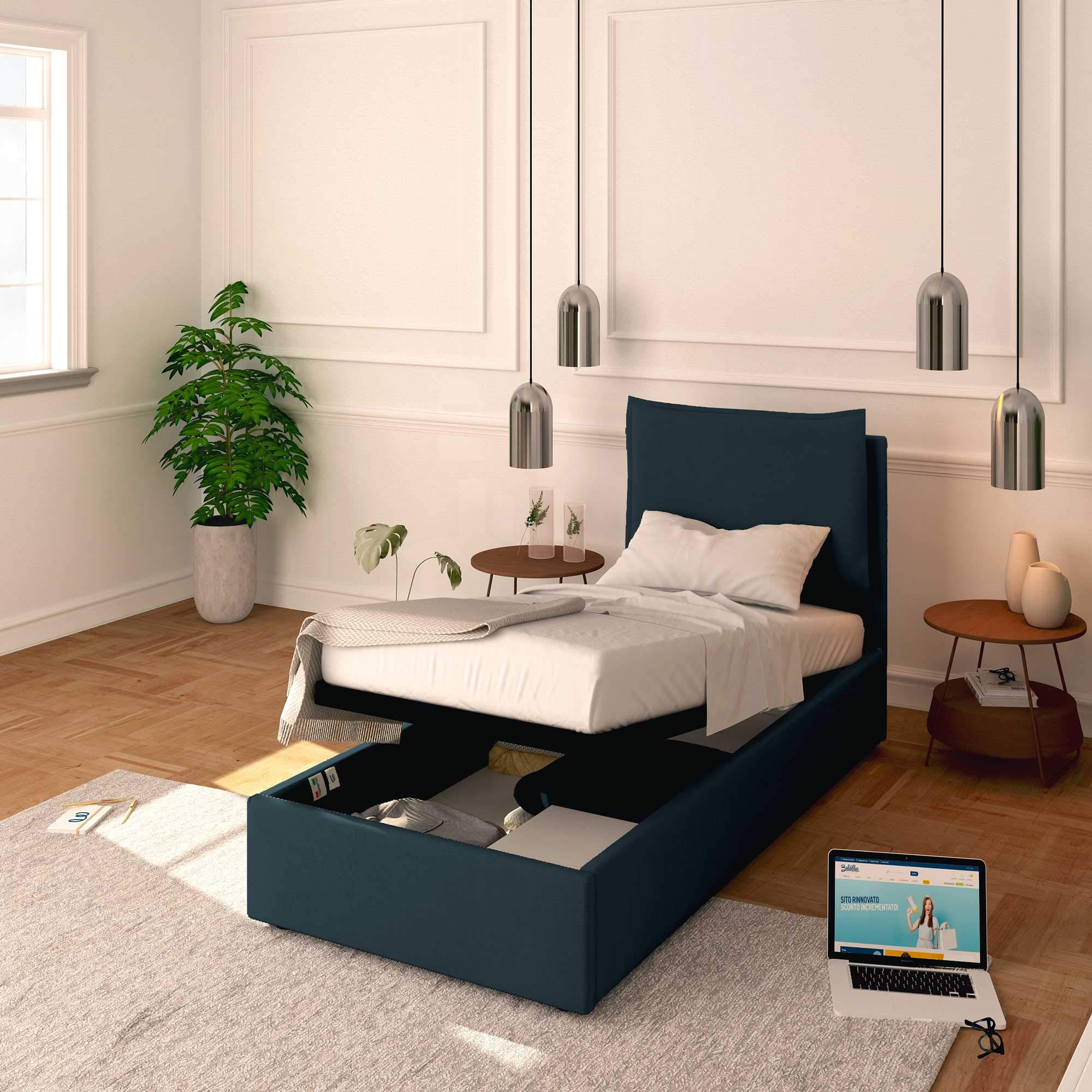 Baldiflex Single Bed with Storage, Licia Model, Synthetic Leather Upholstery, Slatted Base for Single Mattress, 90 x 190 cm, Padded Headboard, Blue Grey - Perfect for Small Bedrooms, Guest Rooms & Studio Apartments