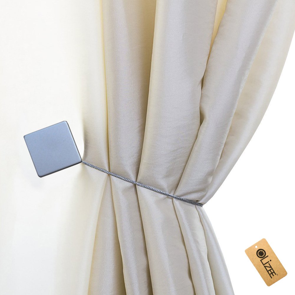 OLizee™ Magnetic Curtain Tiebacks - 1 Pair Square & Round European Style Curtain Holdbacks in Silver Gray | Perfect for Living Room, Bedroom & Window Decor