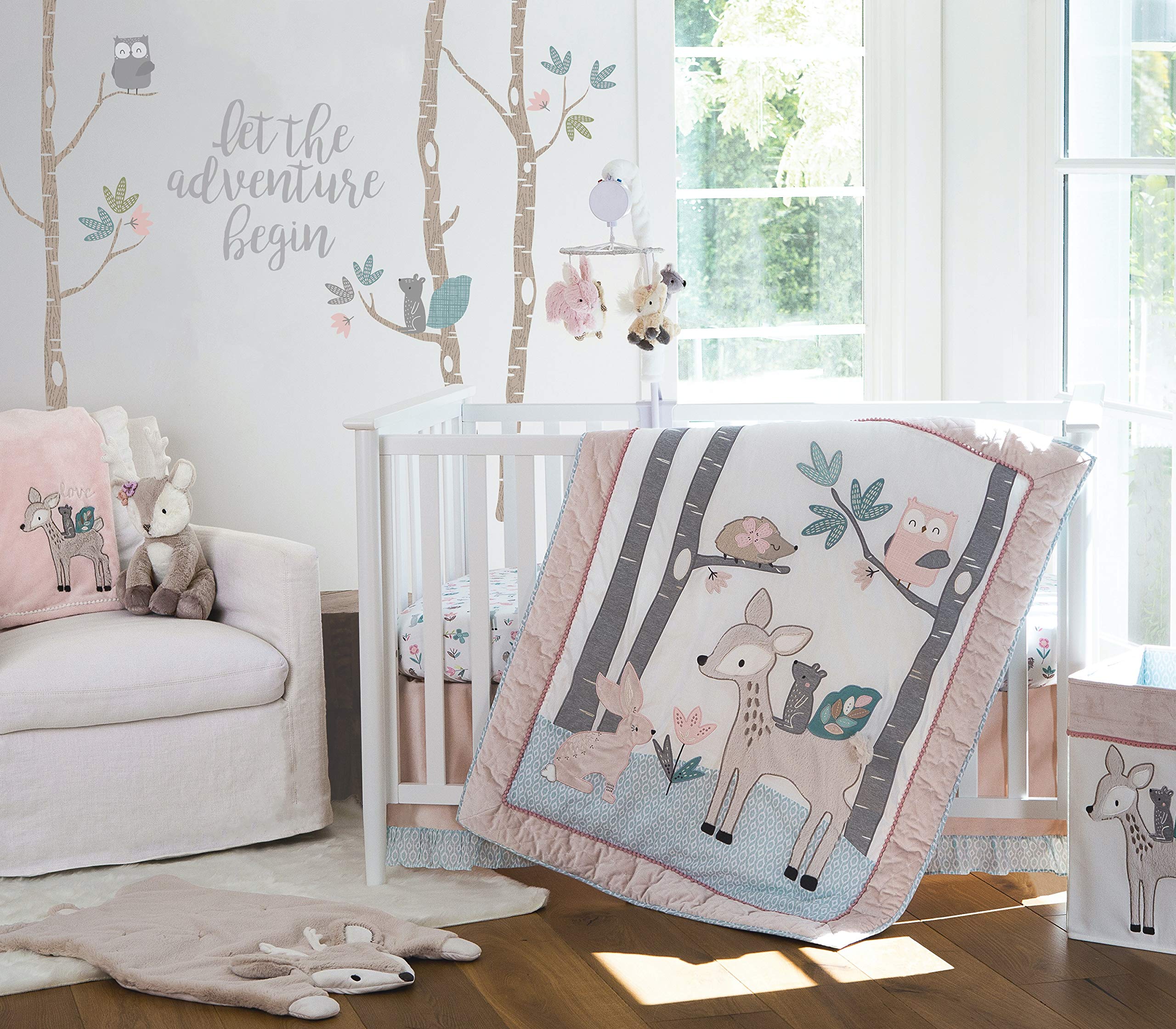 Levtex Baby Everly 5-Piece Crib Bedding Set - Woodland Deer & Friends Nursery Collection in Aqua Blush Grey Teal - Includes Quilt, Fitted Sheet, Diaper Stacker, Wall Decal & Bed Skirt - Perfect for Baby Shower Gifts & Nursery Decor