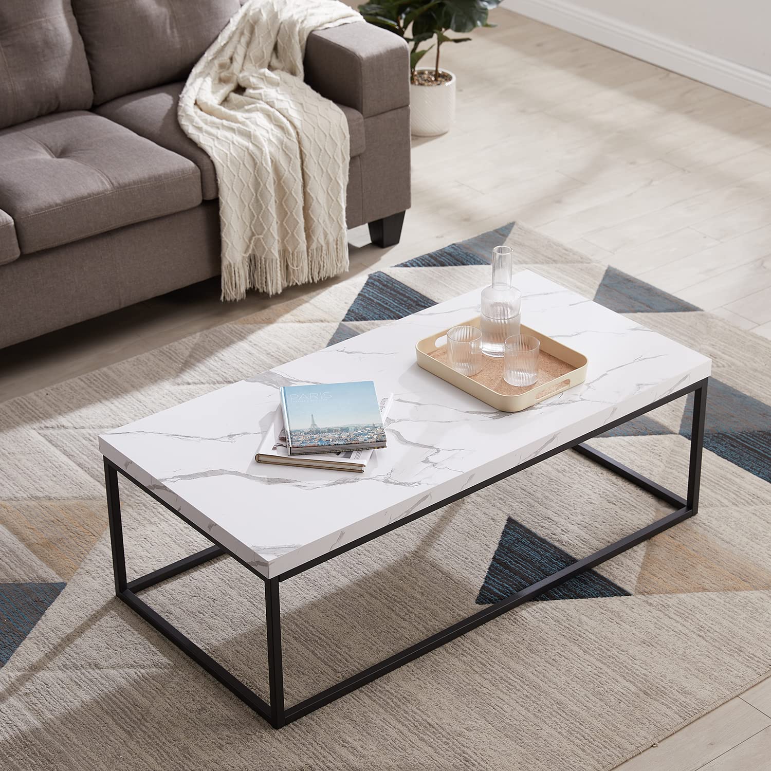 Modern Industrial CENSI 47-Inch Rectangle Marble Coffee Table Ottoman with Wood & Metal Base - White Marble Top for Living Room, Lounge & Office Decor
