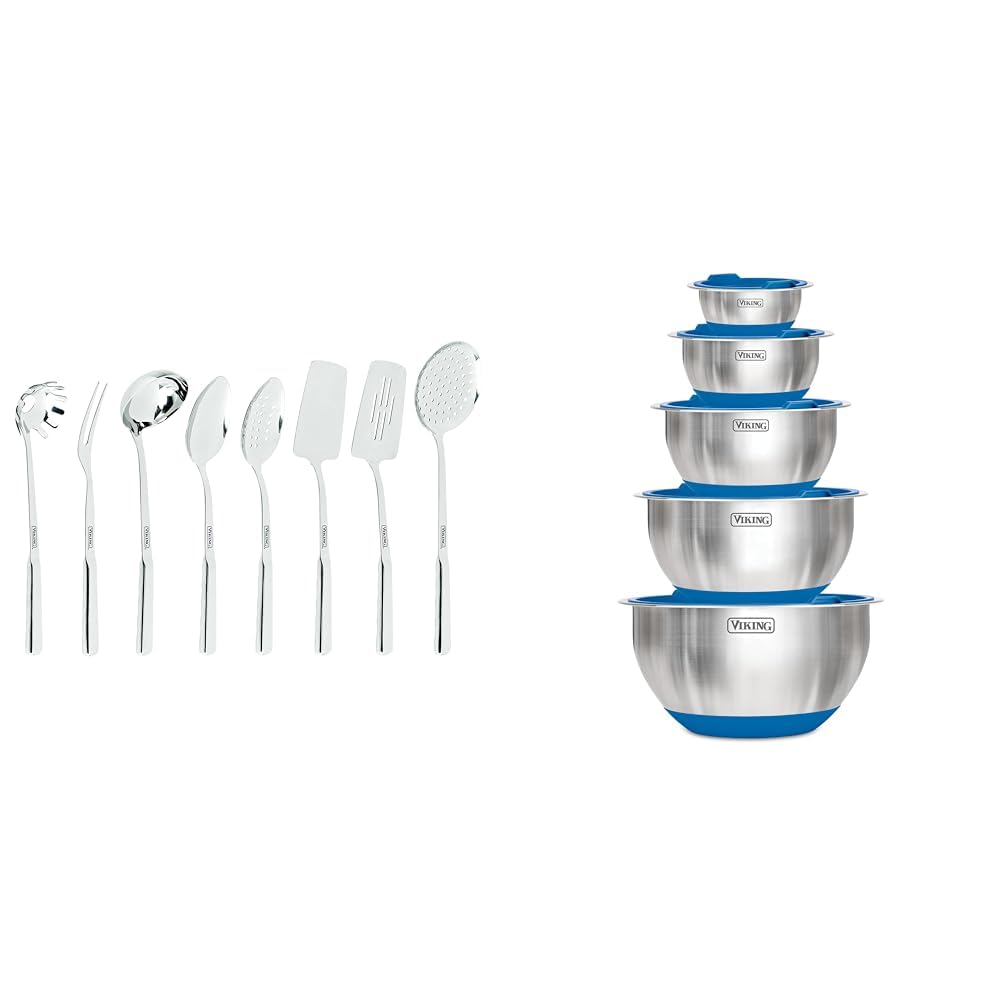Viking Culinary 10-Piece 304 Stainless Steel Kitchen Utensil Set with Ergonomic Stay-Cool Handles & Mixing Bowls, Non-Slip Silicone Base - Perfect for Baking, Cooking, and Food Prep in Professional & Home Kitchens