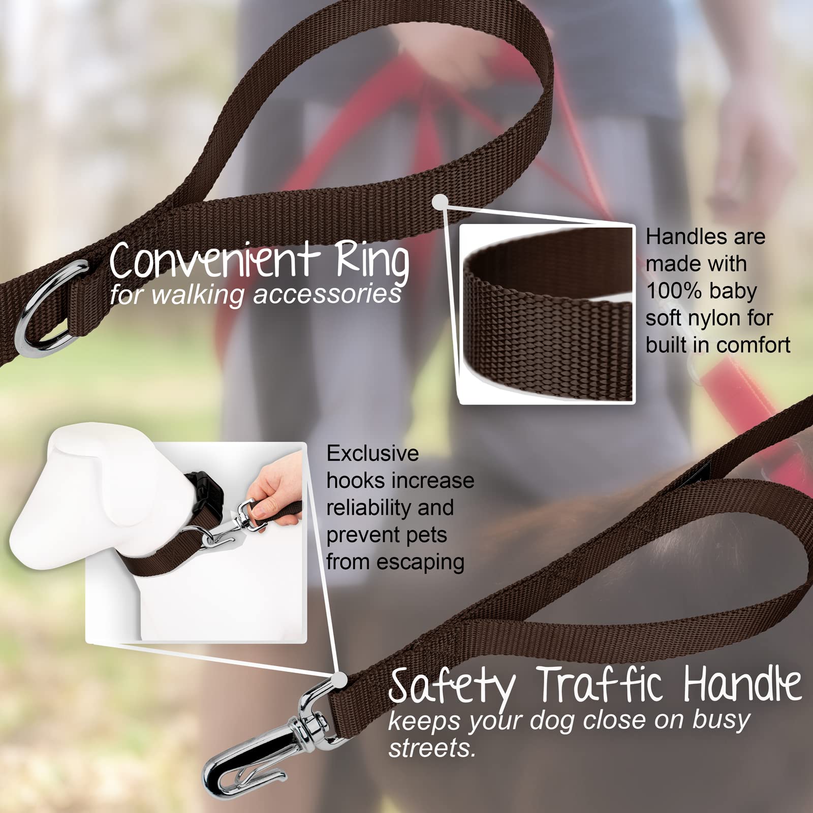Premium Nylon Dog Leash with Traffic Handle & Secure Snap - 6ft Heavy Duty Reflective Pet Leash for Large Dogs - 30+ Colors (Brown) - Perfect for Walking, Training & Outdoor Adventures